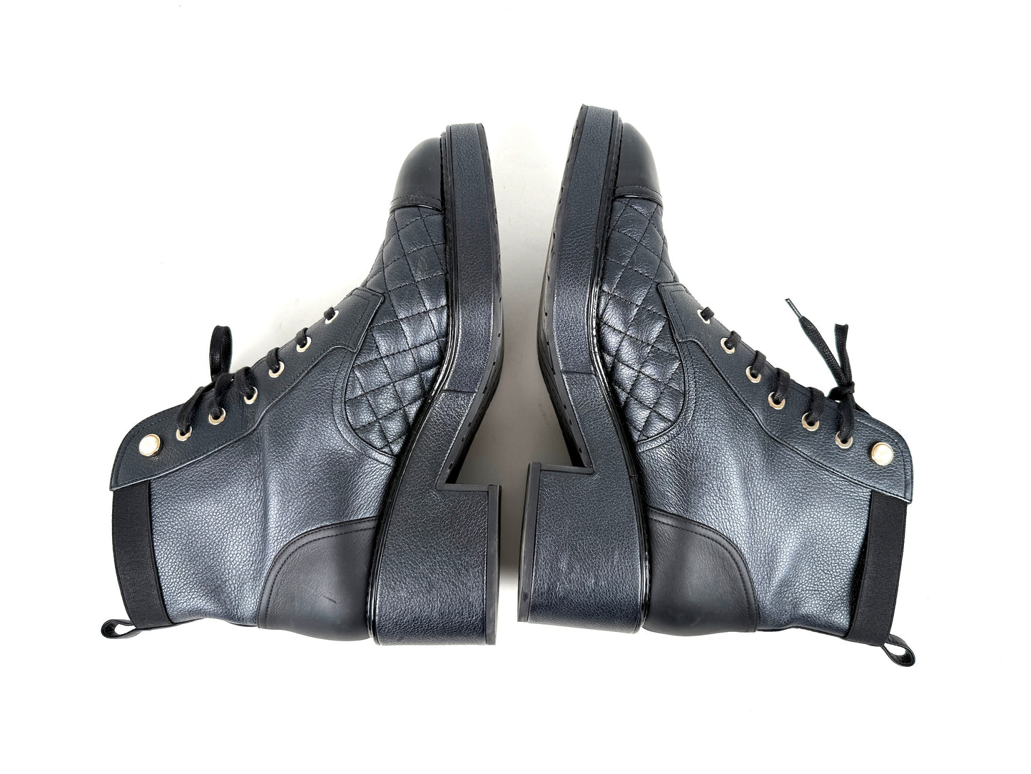 CHANEL Cap Toe Faux Pearl Black Quilted Block Heel Combat Ankle Boots 41, 10.5