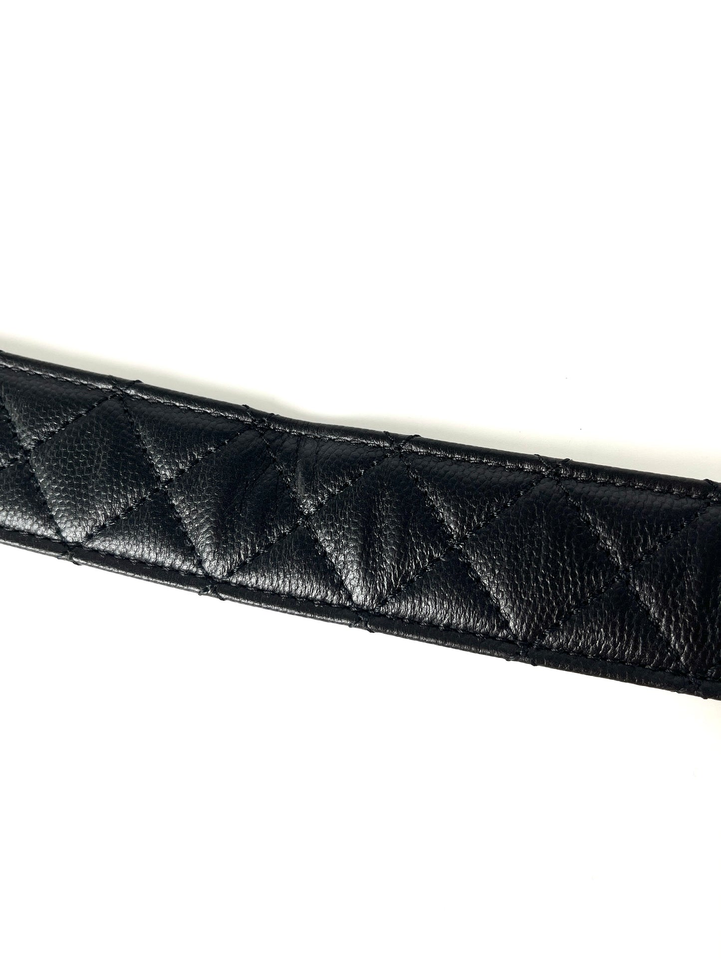 CHANEL B20 Black Quilted Caviar CC Buckle Silver Logo Leather Belt 90 36