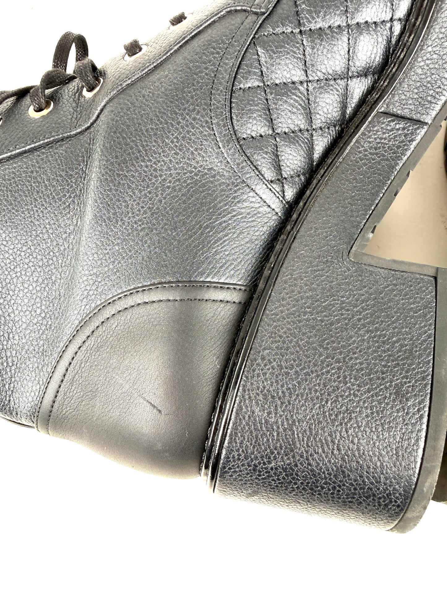 CHANEL Cap Toe Faux Pearl Black Quilted Block Heel Combat Ankle Boots 41, 10.5