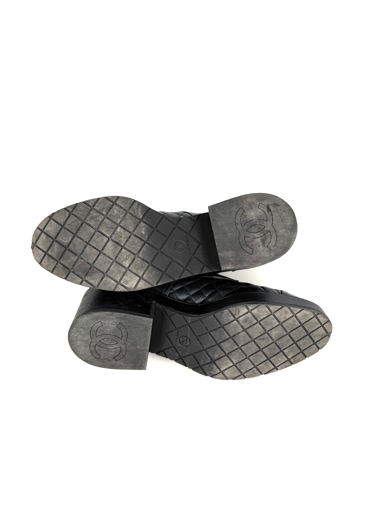 CHANEL Cap Toe Faux Pearl Black Quilted Block Heel Combat Ankle Boots 41, 10.5