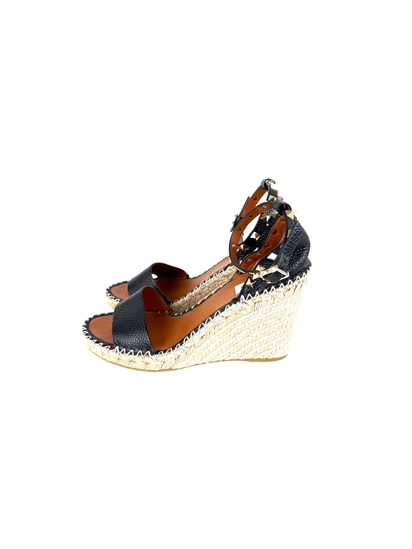 VALENTINO Garavani Double Rockstud Black Espadrille Wedge Heel Sandals 41, 10.5