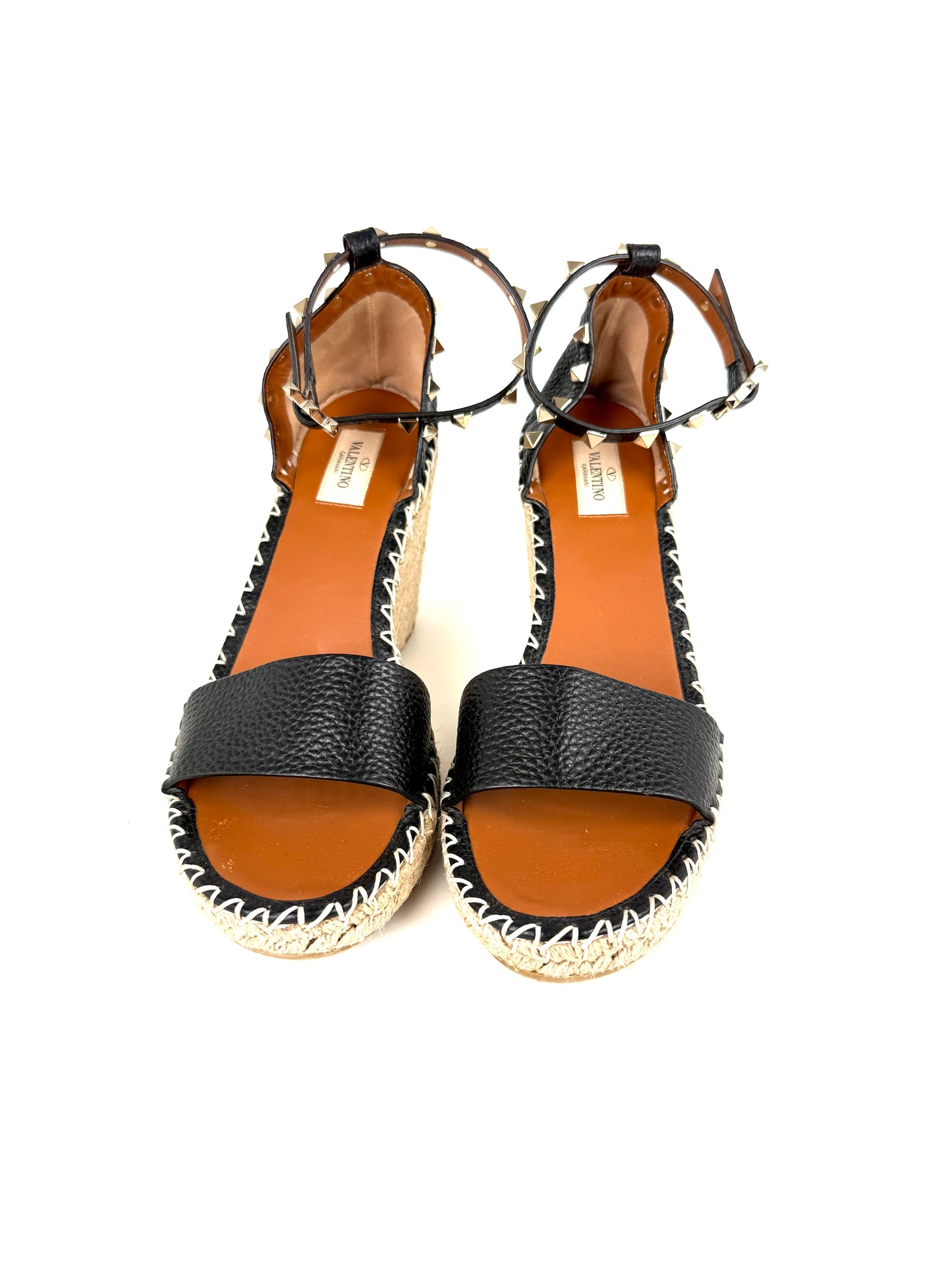 VALENTINO Garavani Double Rockstud Black Espadrille Wedge Heel Sandals 41, 10.5