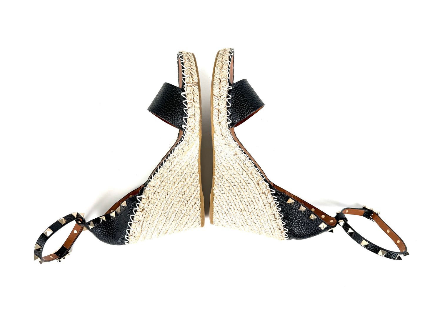 VALENTINO Garavani Double Rockstud Black Espadrille Wedge Heel Sandals 41, 10.5
