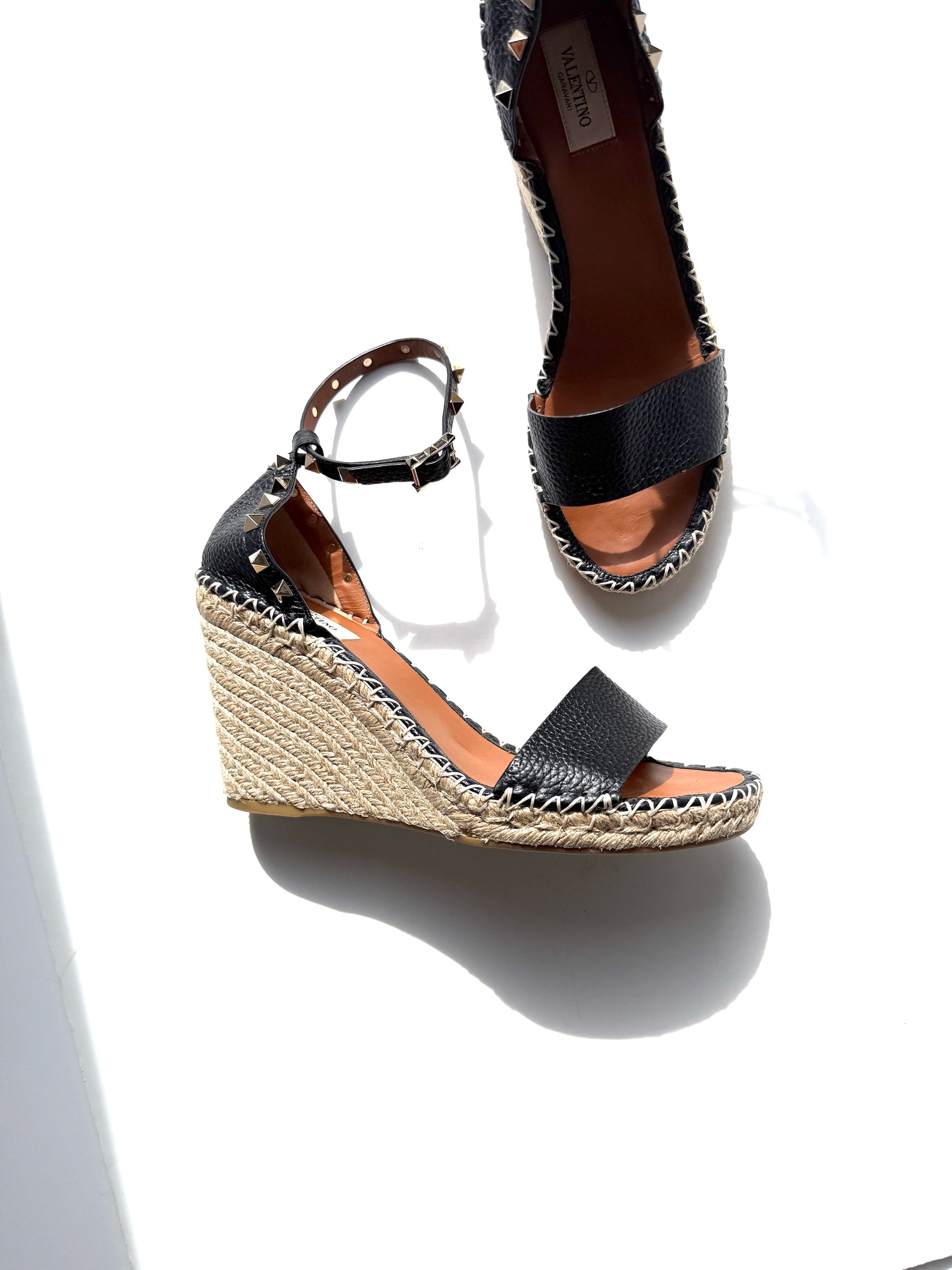 VALENTINO Garavani Double Rockstud Black Espadrille Wedge Heel Sandals 41, 10.5