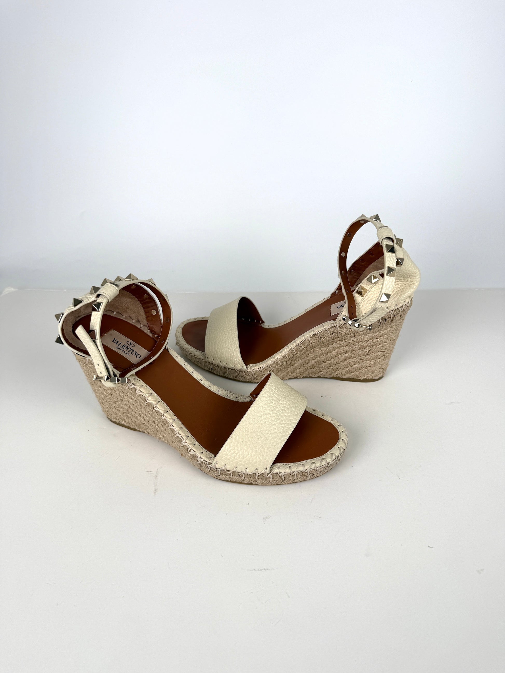 VALENTINO Garavani Double Rockstud Ivory Espadrille Wedge Heel Sandals 41, 10.5