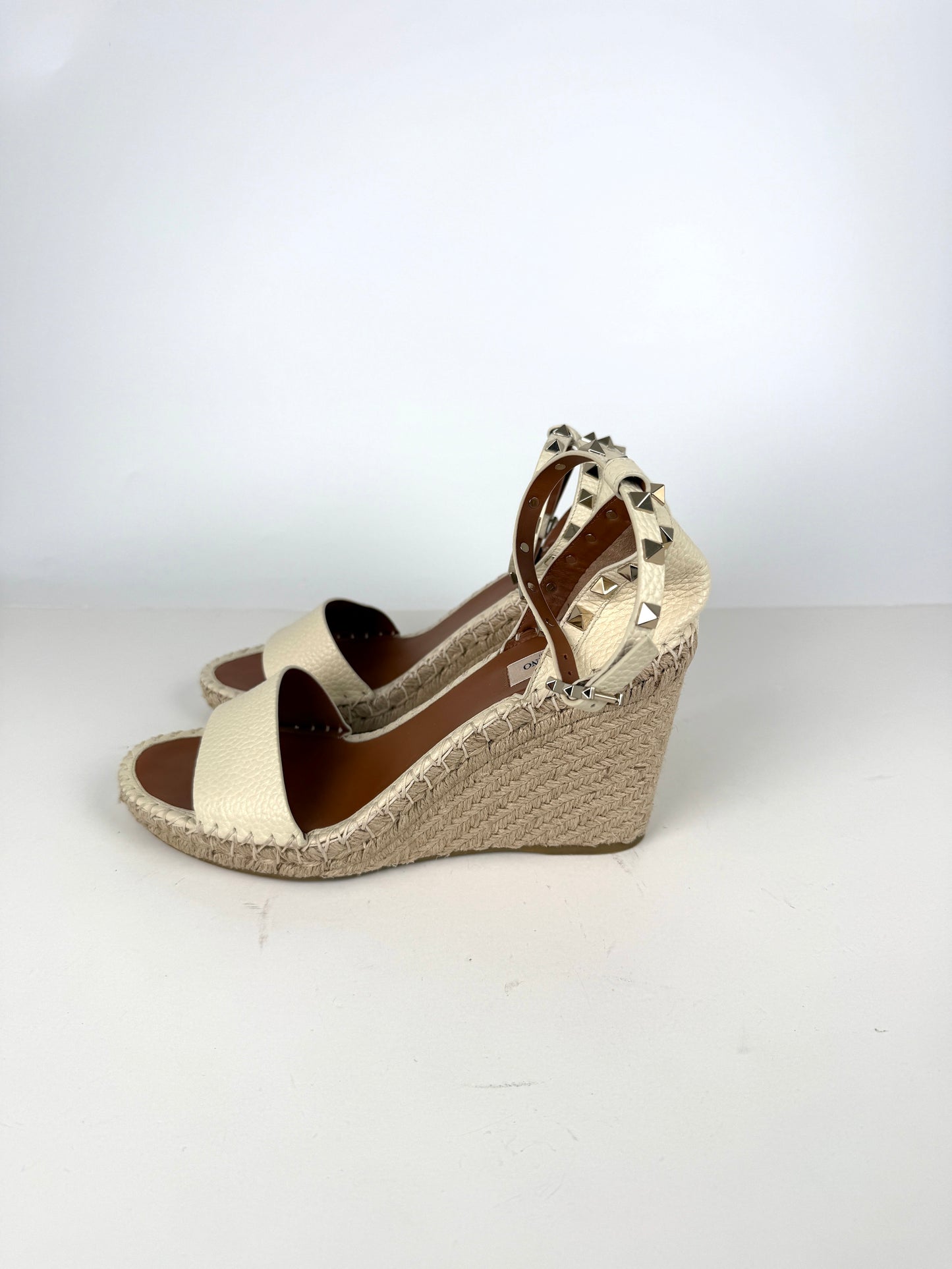 VALENTINO Garavani Double Rockstud Ivory Espadrille Wedge Heel Sandals 41, 10.5