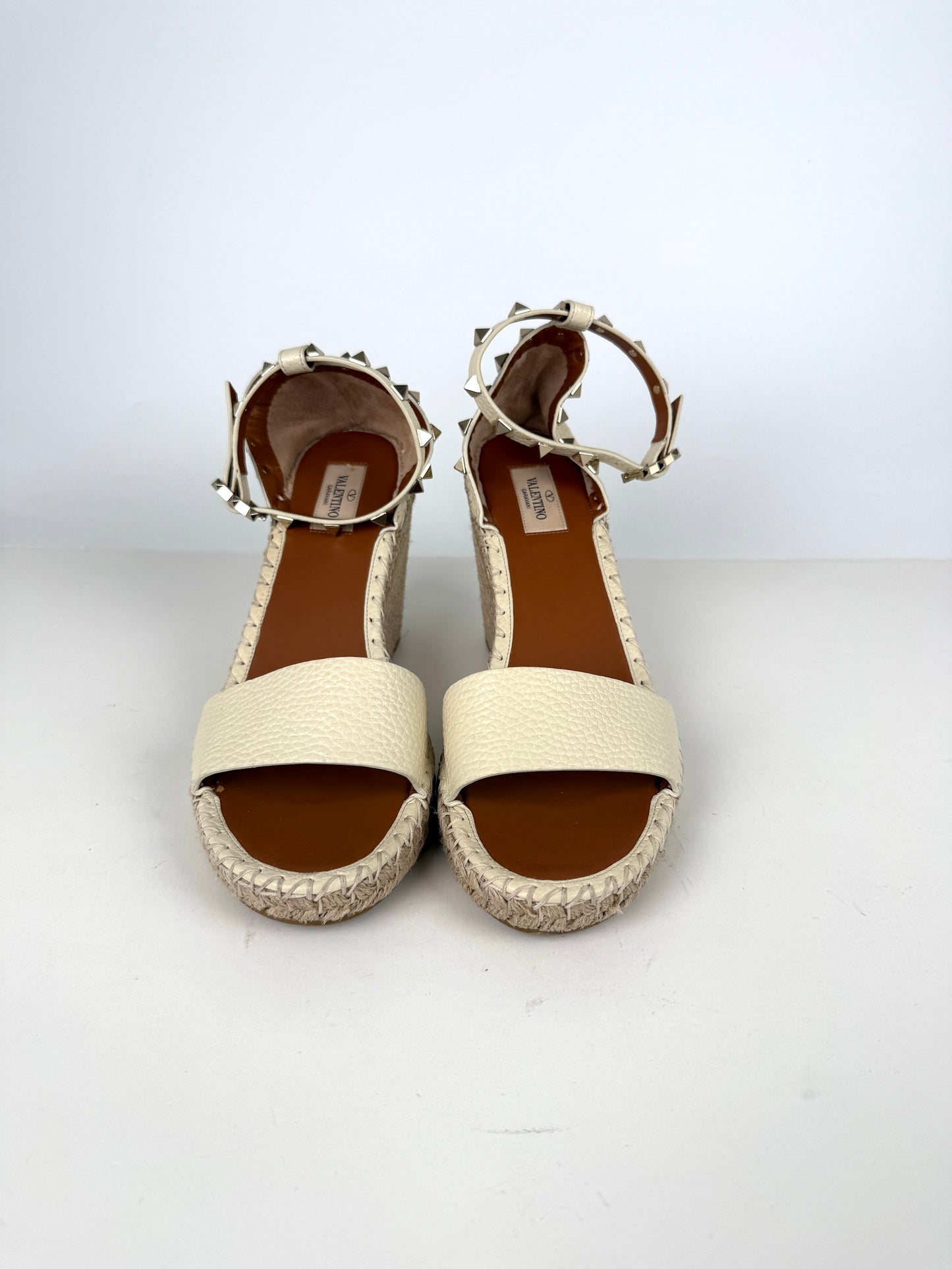 VALENTINO Garavani Double Rockstud Ivory Espadrille Wedge Heel Sandals 41, 10.5