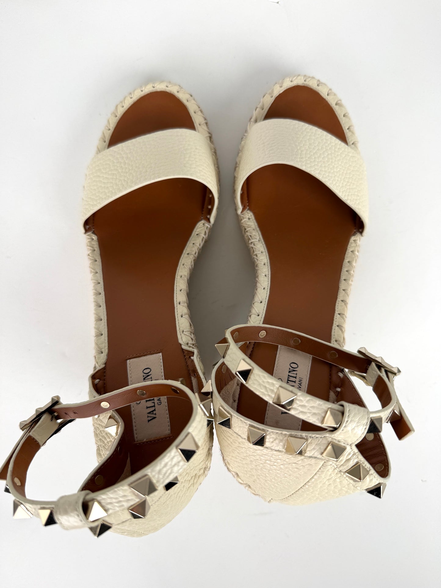 VALENTINO Garavani Double Rockstud Ivory Espadrille Wedge Heel Sandals 41, 10.5