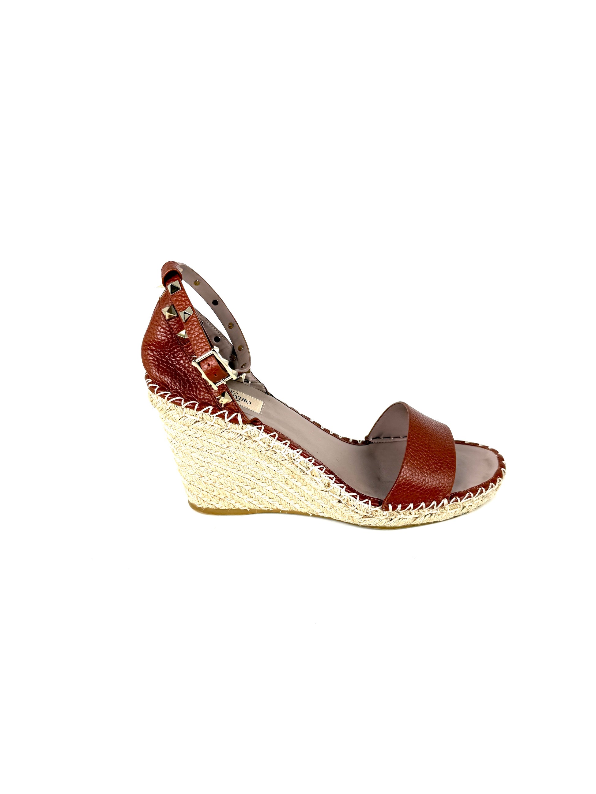 VALENTINO Garavani Double Rockstud Brown Espadrille Wedge Heel Sandals 41, 10.5