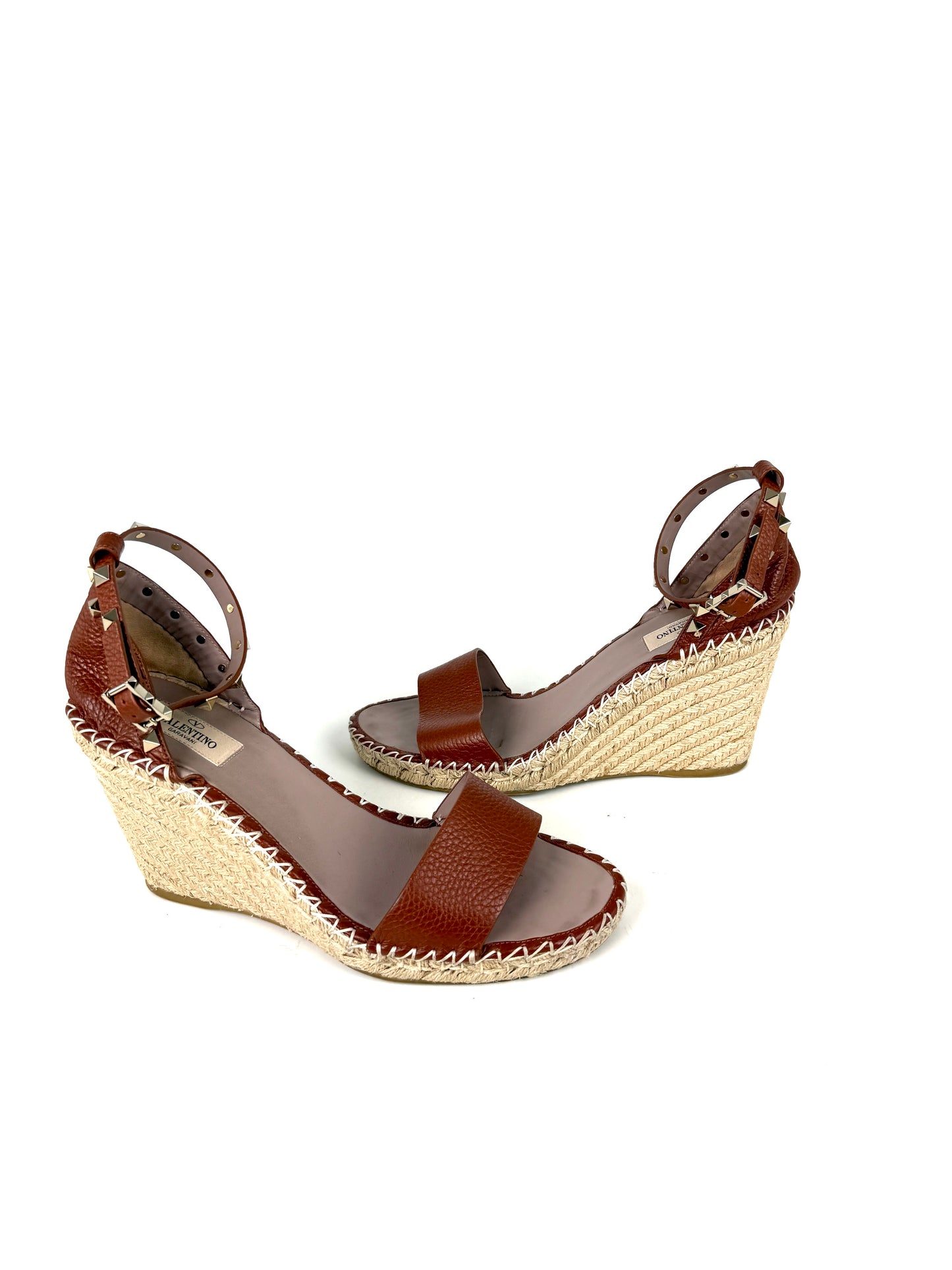 VALENTINO Garavani Double Rockstud Brown Espadrille Wedge Heel Sandals 41, 10.5