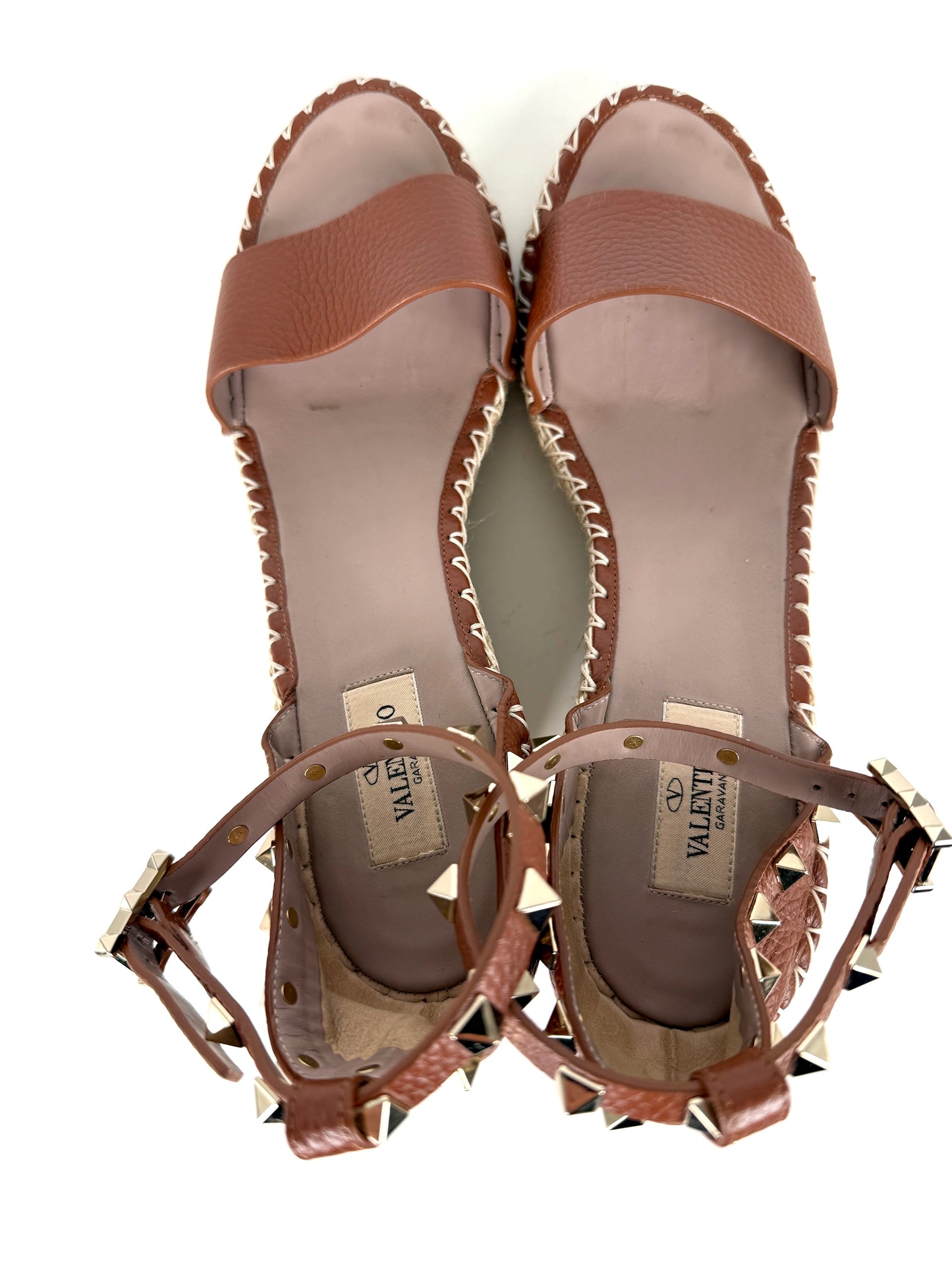 VALENTINO Garavani Double Rockstud Brown Espadrille Wedge Heel Sandals 41, 10.5