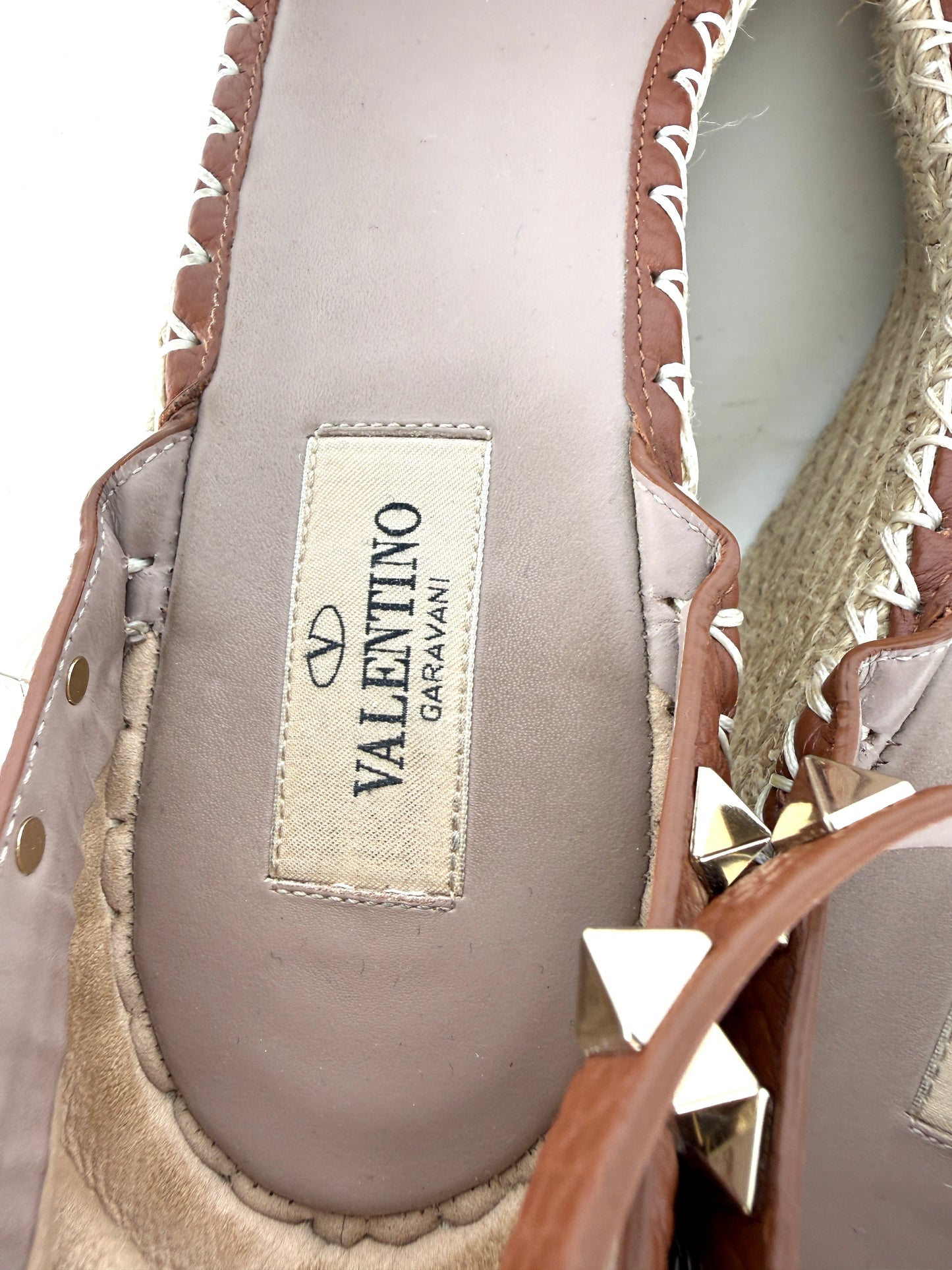 VALENTINO Garavani Double Rockstud Brown Espadrille Wedge Heel Sandals 41, 10.5