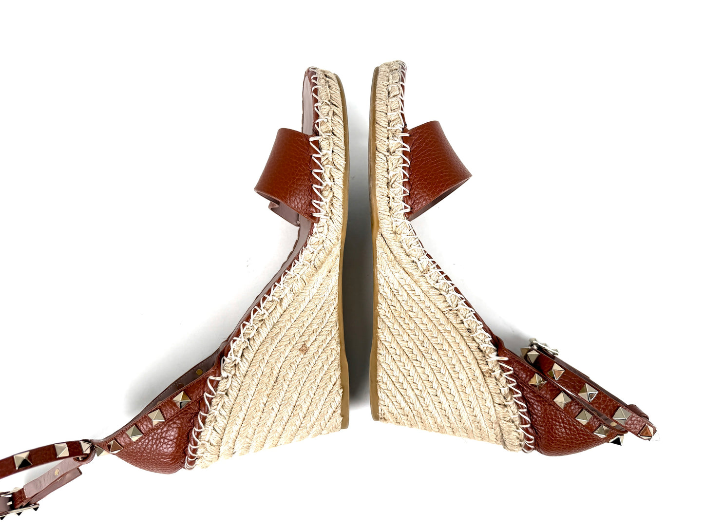VALENTINO Garavani Double Rockstud Brown Espadrille Wedge Heel Sandals 41, 10.5