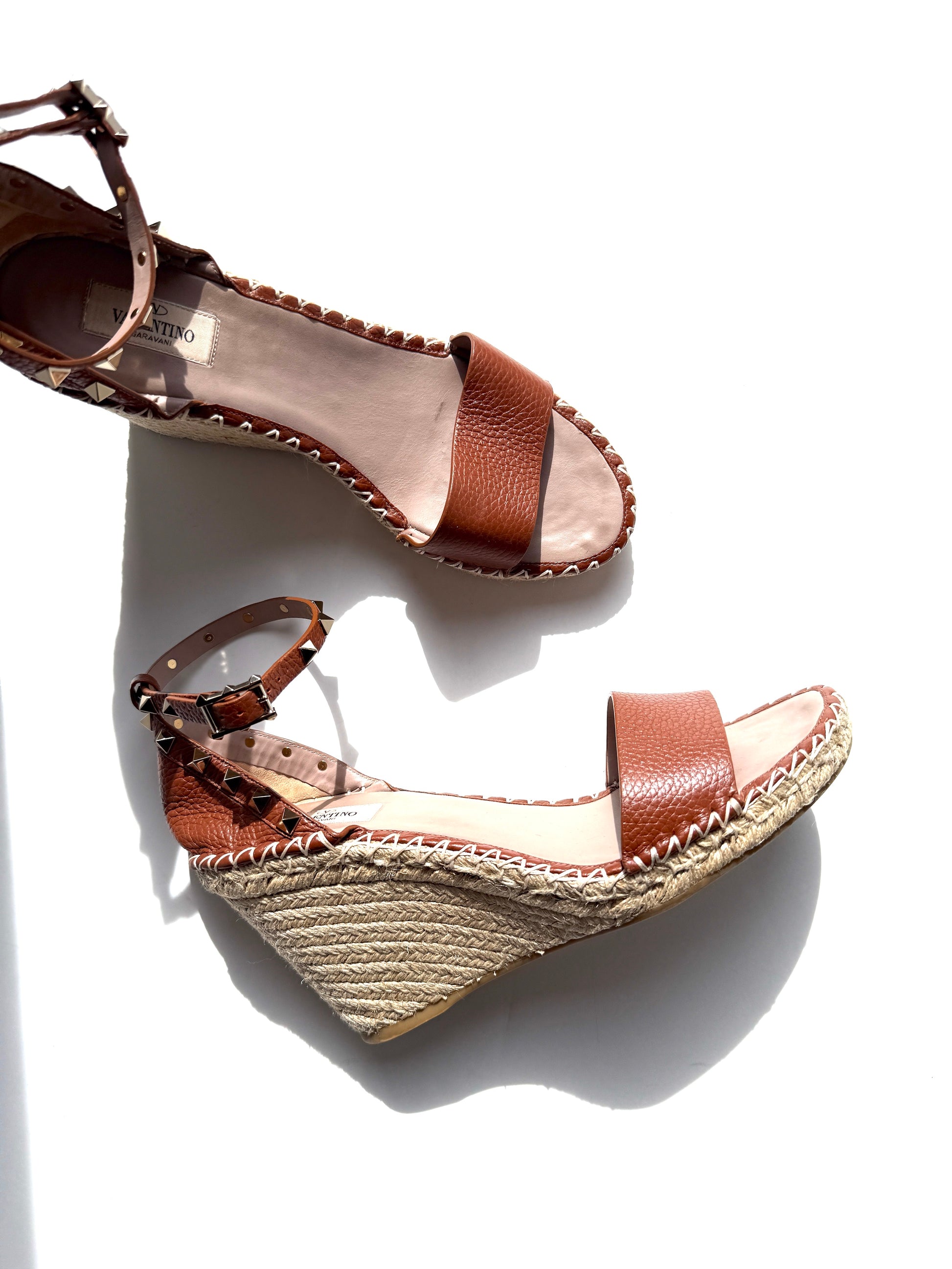 VALENTINO Garavani Double Rockstud Brown Espadrille Wedge Heel Sandals 41, 10.5