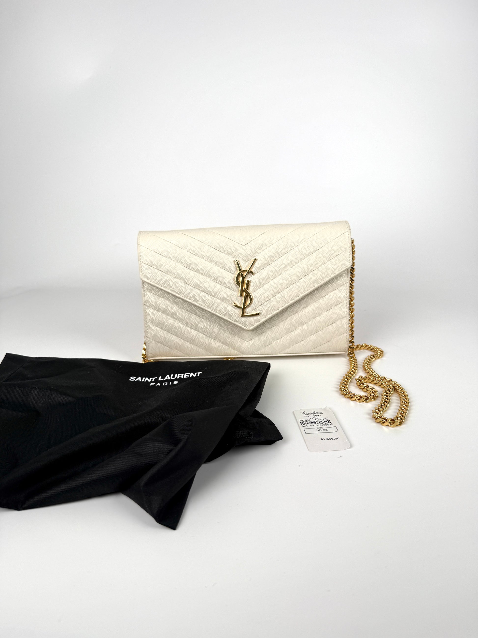 Saint Laurent Ivory Cassandre Matelasse Envelope Wallet on Chain Crossbody Bag