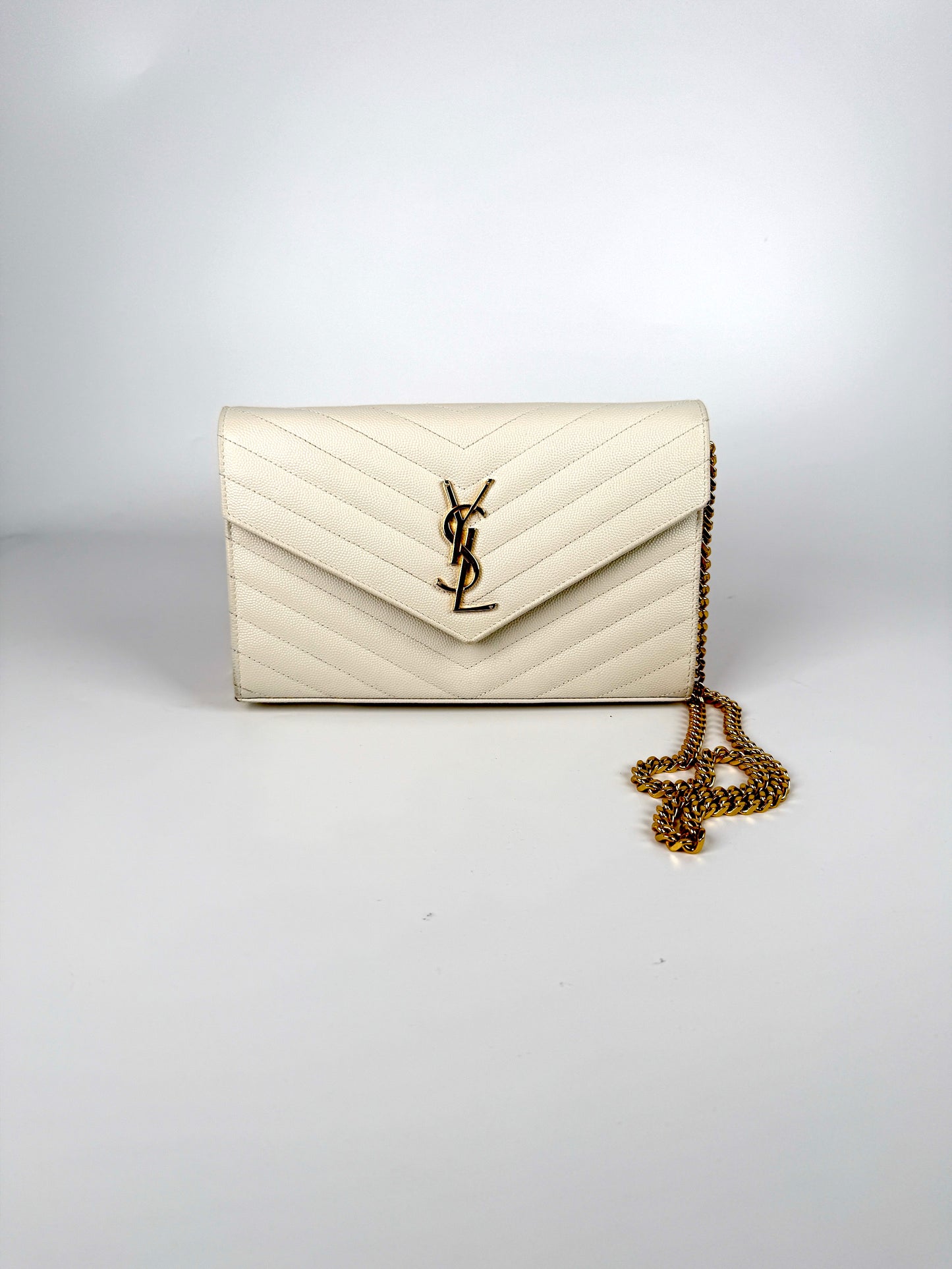 Saint Laurent Ivory Cassandre Matelasse Envelope Wallet on Chain Crossbody Bag