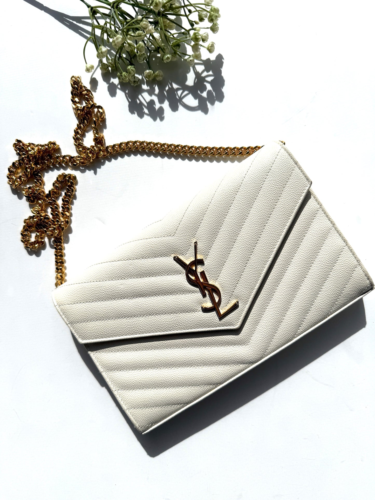 Saint Laurent Ivory Cassandre Matelasse Envelope Wallet on Chain Crossbody Bag