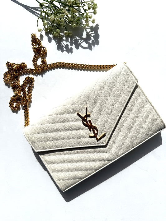 Saint Laurent Ivory Cassandre Matelasse Envelope Wallet on Chain Crossbody Bag