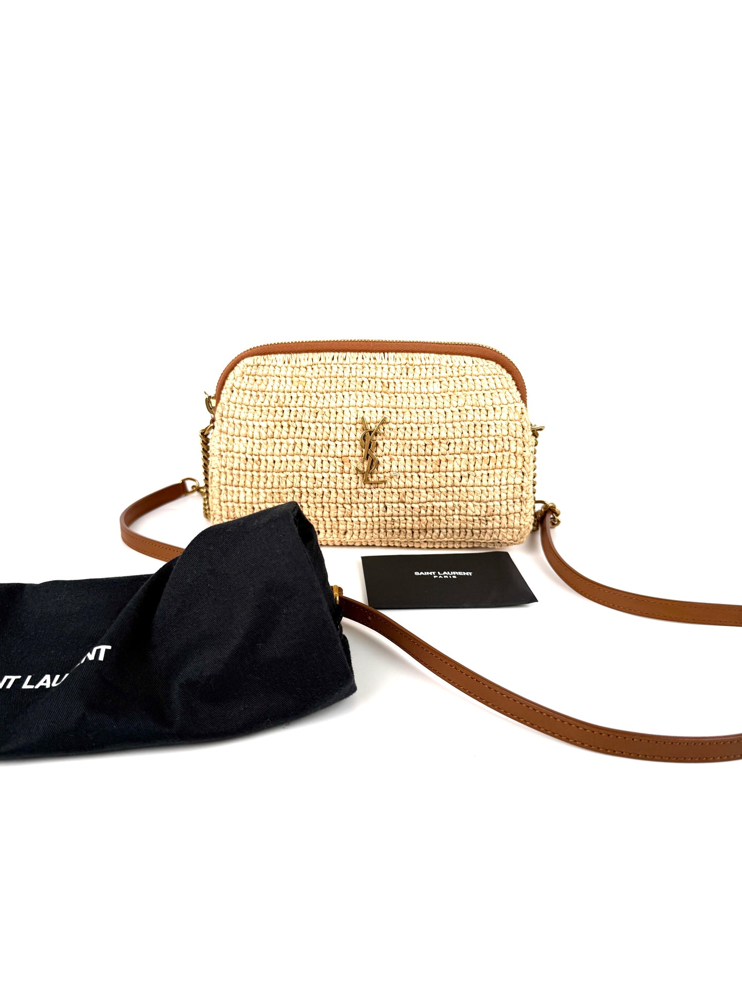 Saint Laurent Gaby Raffia Leather Trimmed Crossbody Bag