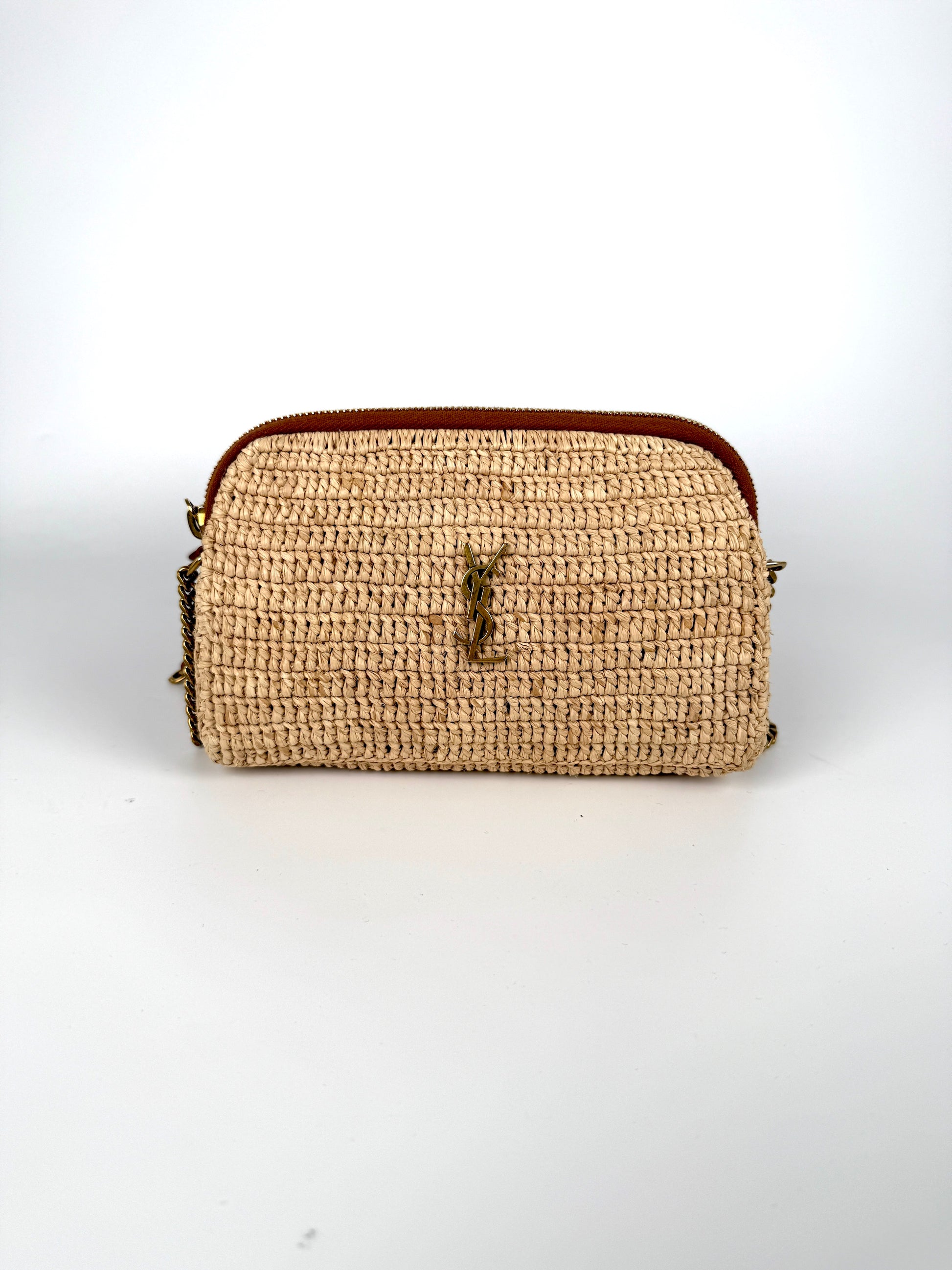 Saint Laurent Gaby Raffia Leather Trimmed Crossbody Bag
