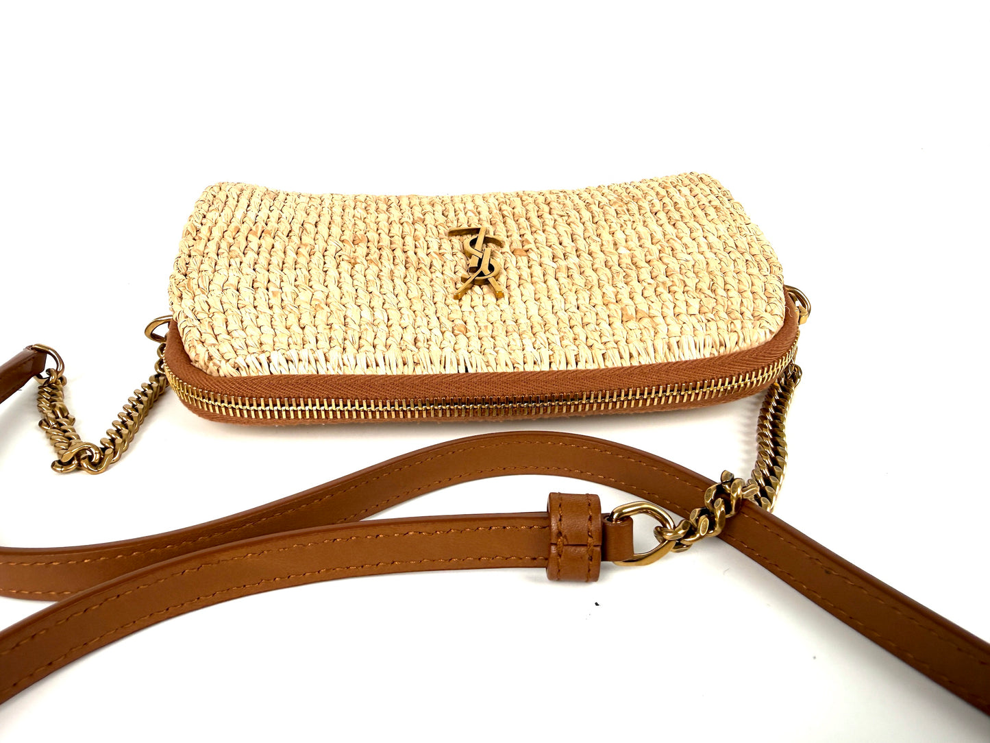 Saint Laurent Gaby Raffia Leather Trimmed Crossbody Bag