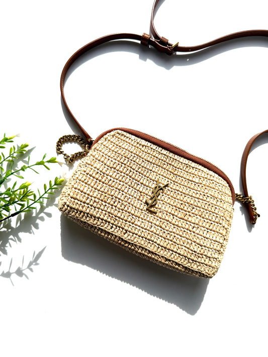 Saint Laurent Gaby Raffia Leather Trimmed Crossbody Bag