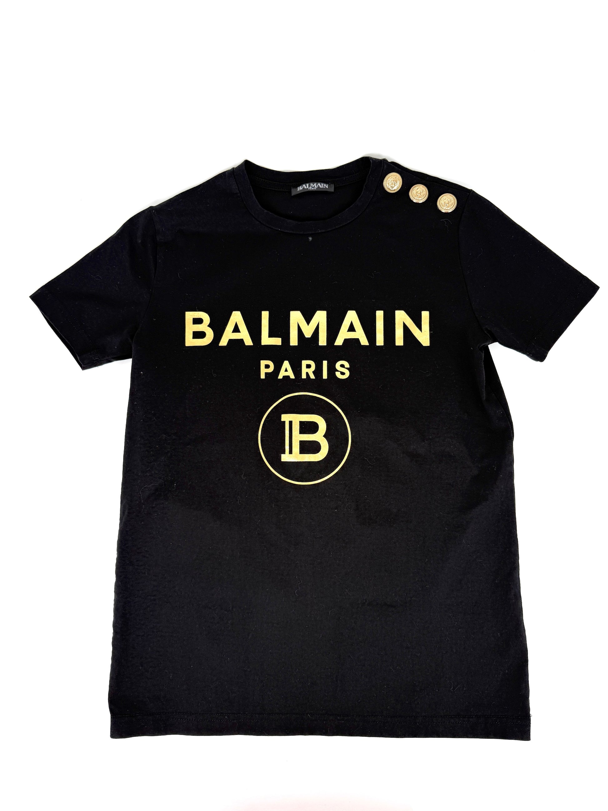  BALMAIN Men’s Paris Print Crew Neck with Buttons Short Sleeve Black Cotton Top T Shirt XS