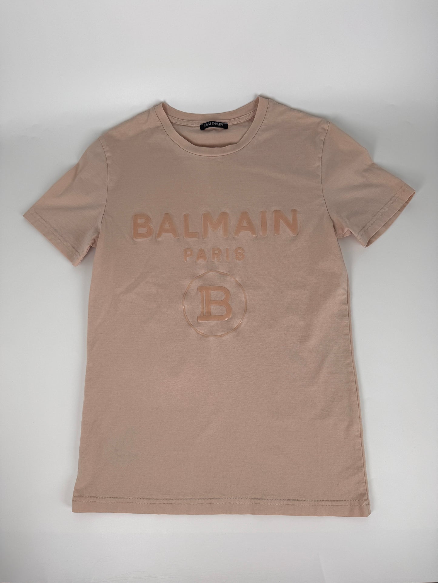 BALMAIN Men’s Paris Print Crew Neck Short Sleeve Light Beige Cotton Top T Shirt XS