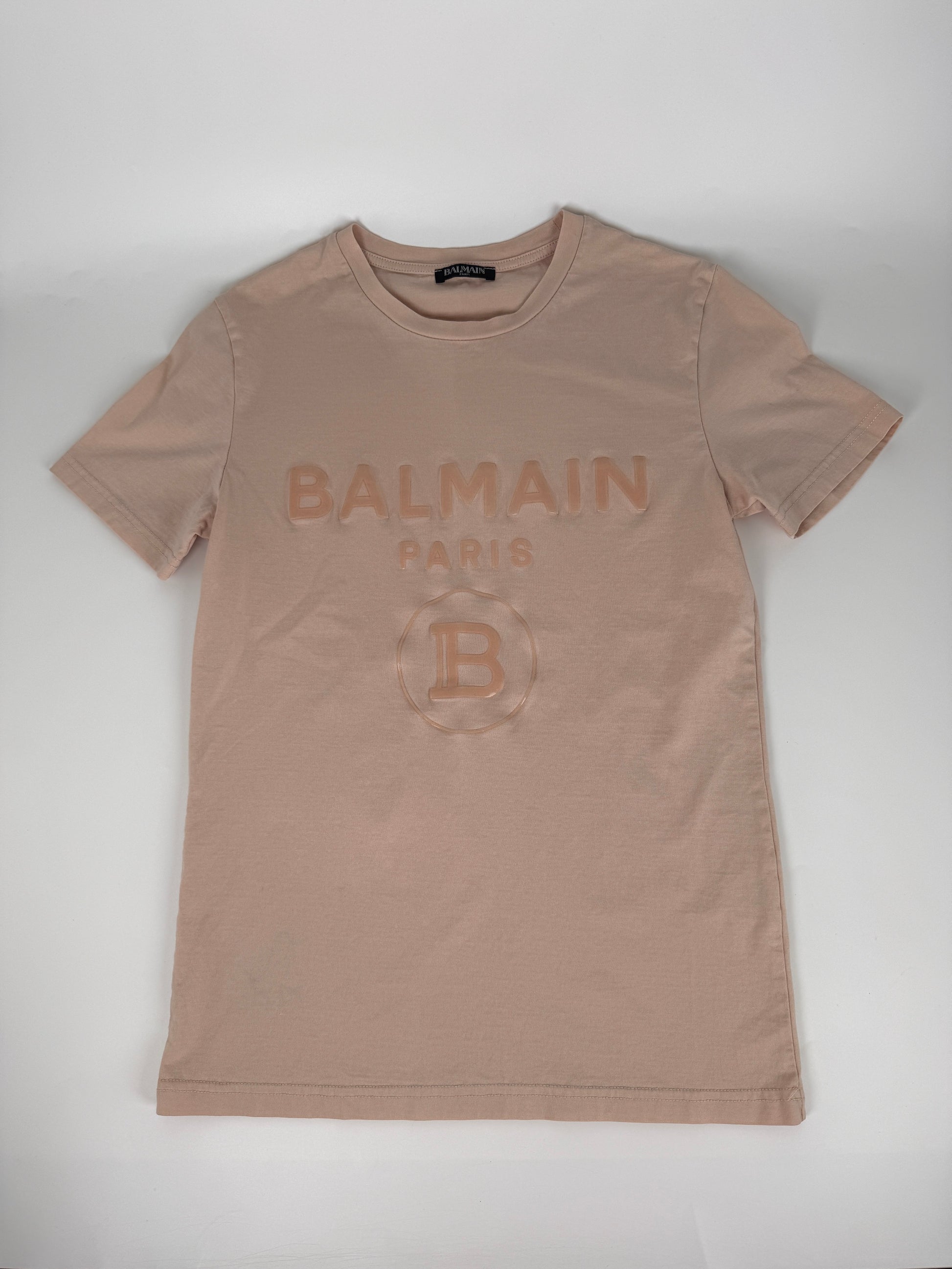 BALMAIN Men’s Paris Print Crew Neck Short Sleeve Light Beige Cotton Top T Shirt XS