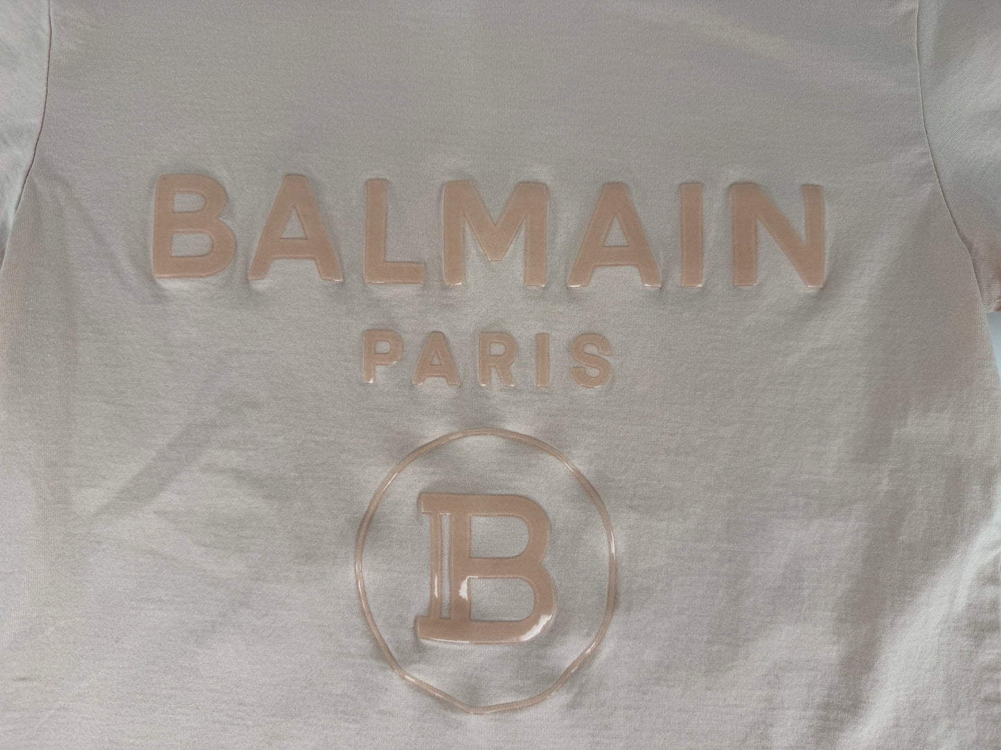 BALMAIN Men’s Paris Print Crew Neck Short Sleeve Light Beige Cotton Top T Shirt XS