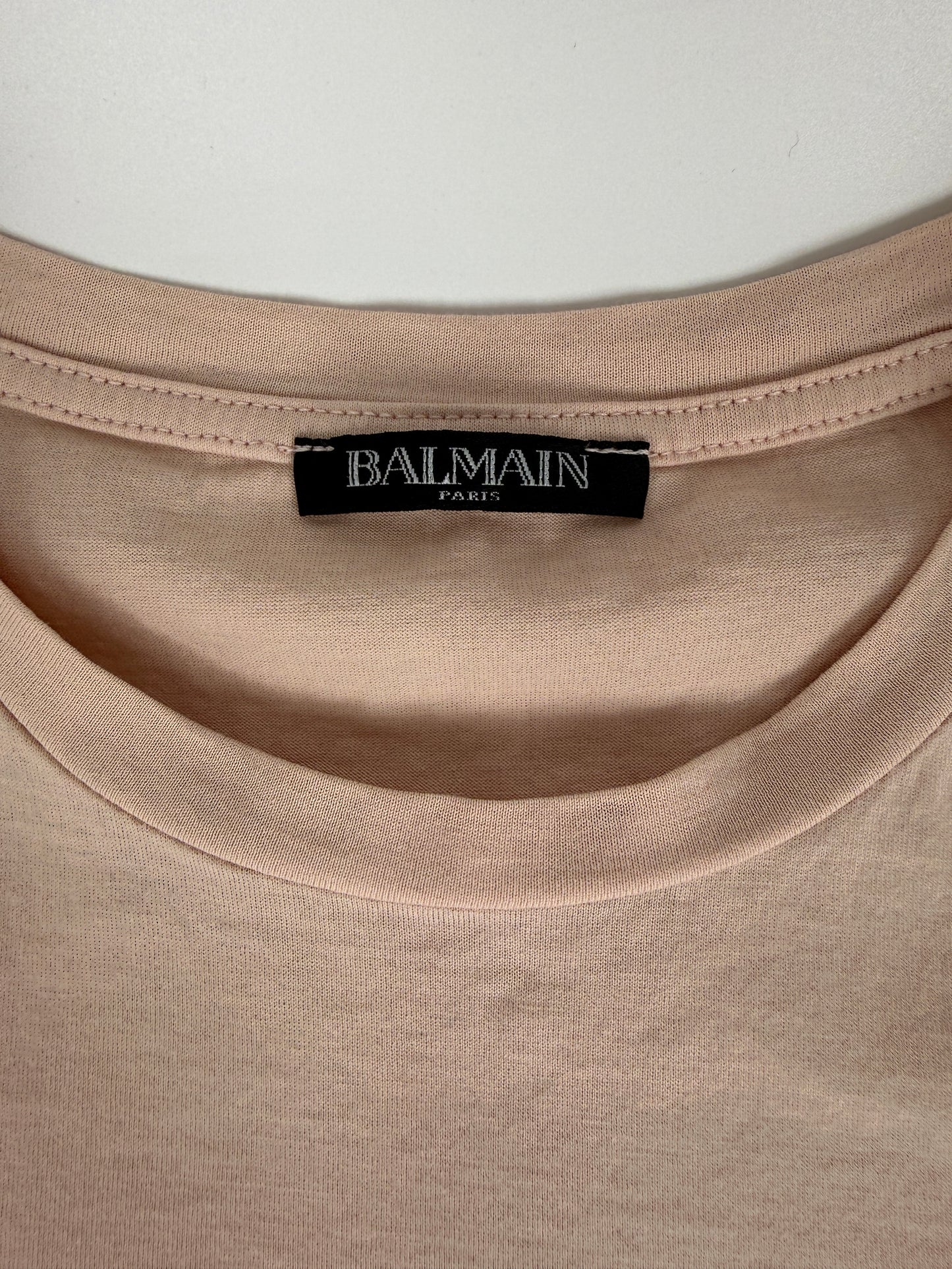 BALMAIN Men’s Paris Print Crew Neck Short Sleeve Light Beige Cotton Top T Shirt XS