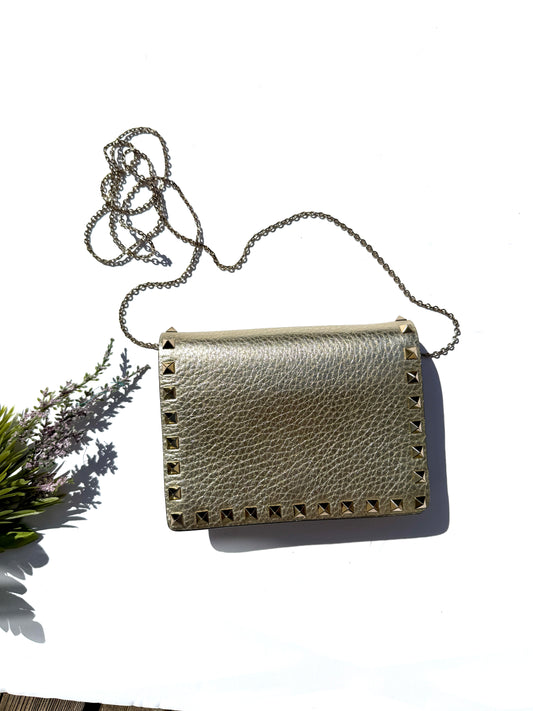 Valentino Garavani Rockstud Gold Leather Chain Crossbody Wallet on the Chain Bag