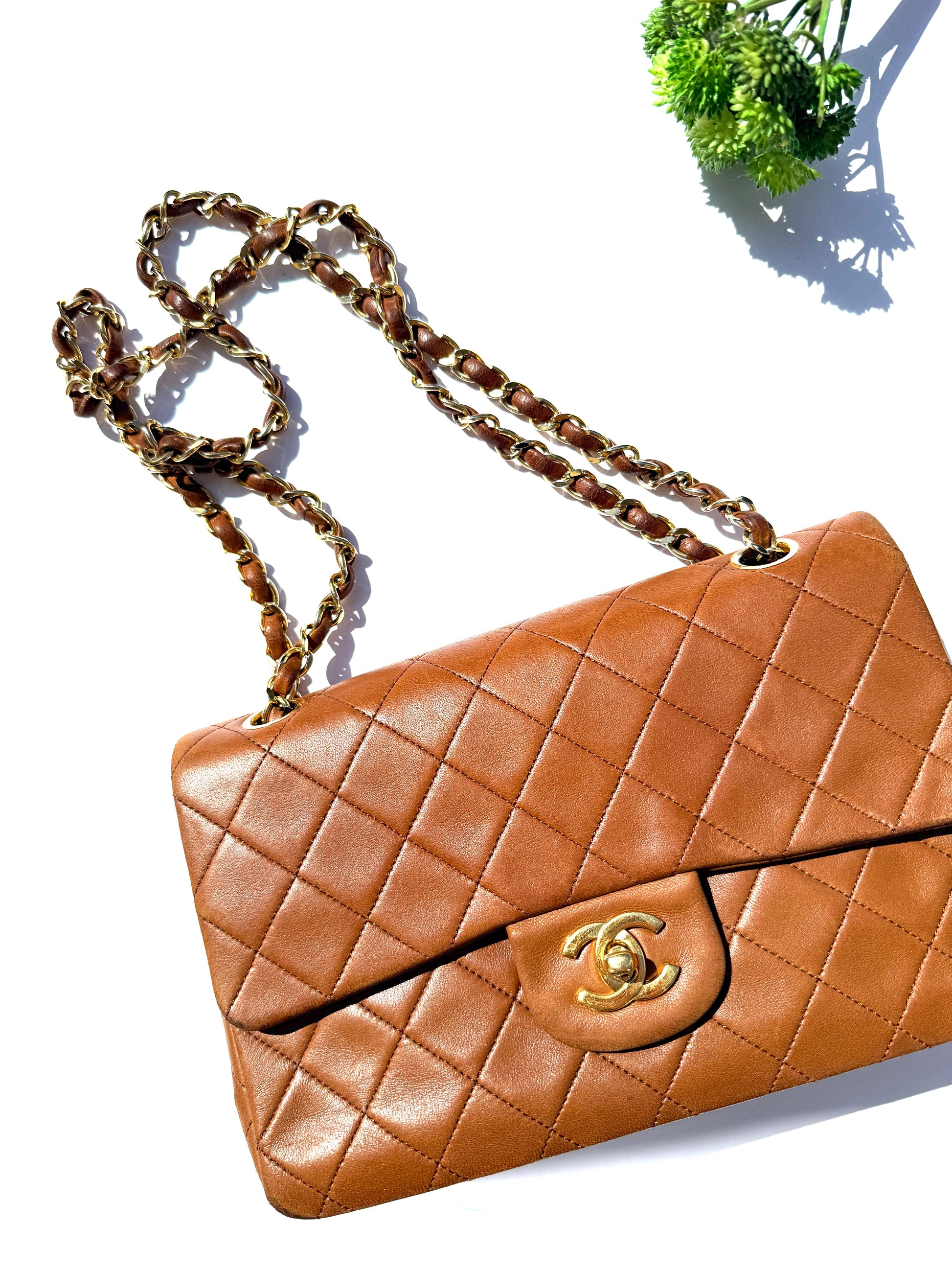 Chanel Vintage Brown Small Lambskin Quilted Leather Gold Hardware Double Flap Shoulder Bag