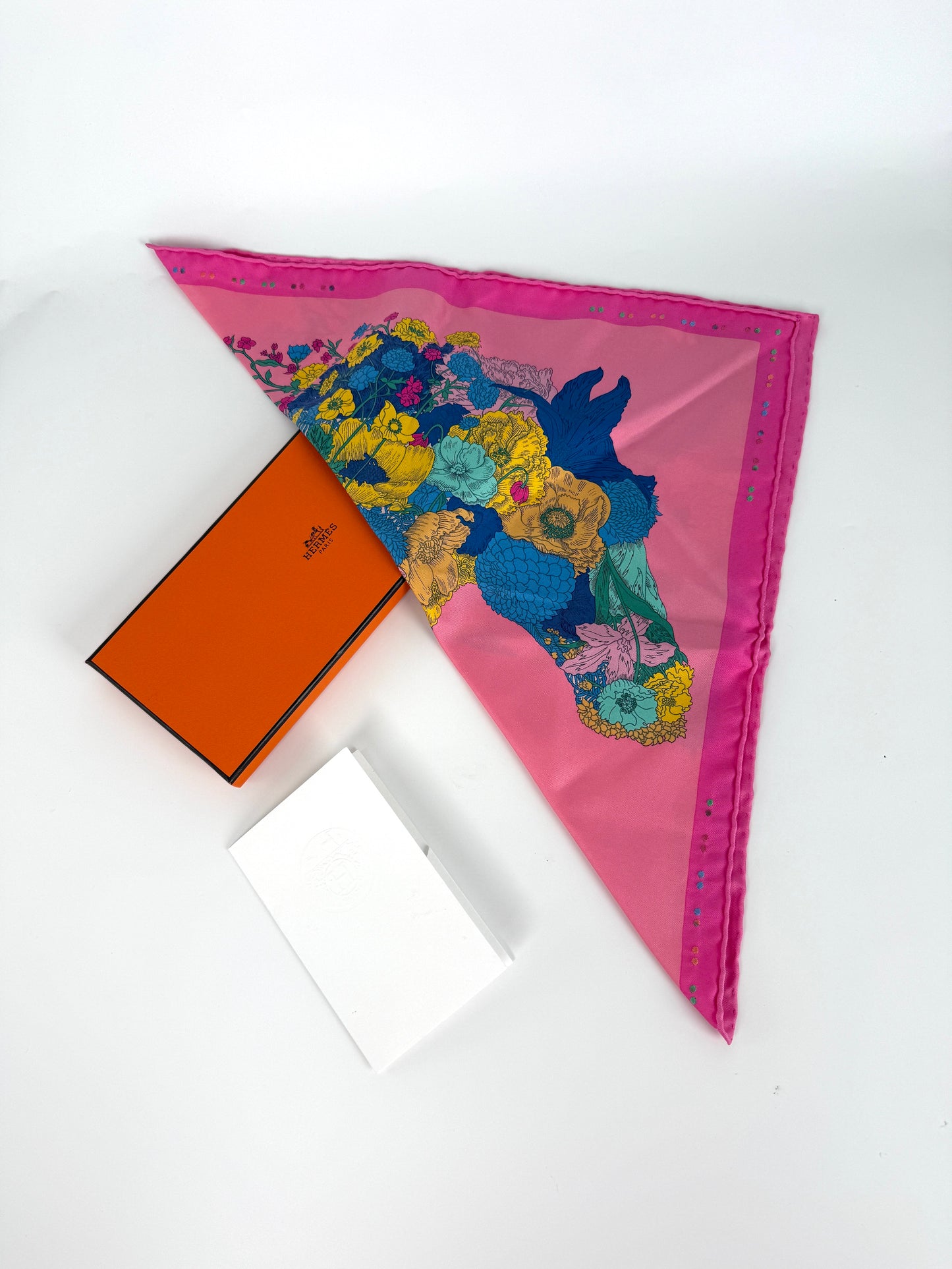 HERMES Robe Legere Embroidered Pink Blue Yellow Silk Square Scarf 45