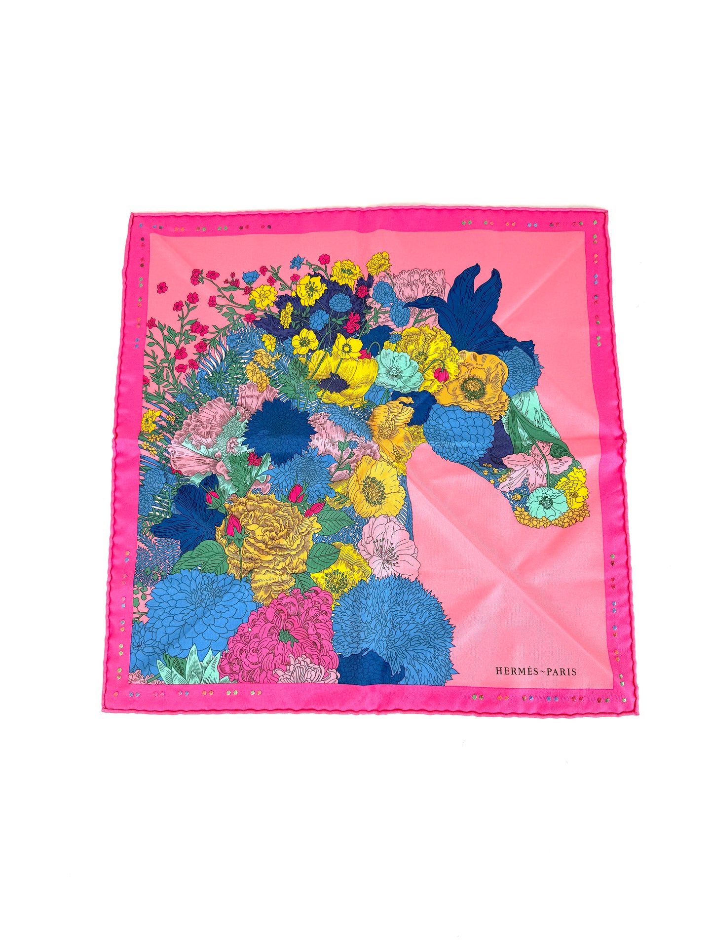 HERMES Robe Legere Embroidered Pink Blue Yellow Silk Square Scarf 45