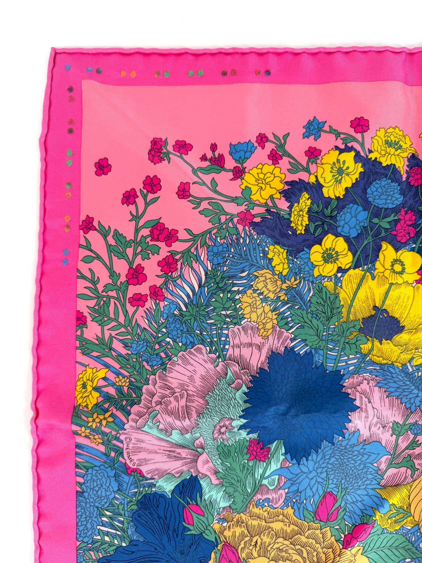 HERMES Robe Legere Embroidered Pink Blue Yellow Silk Square Scarf 45