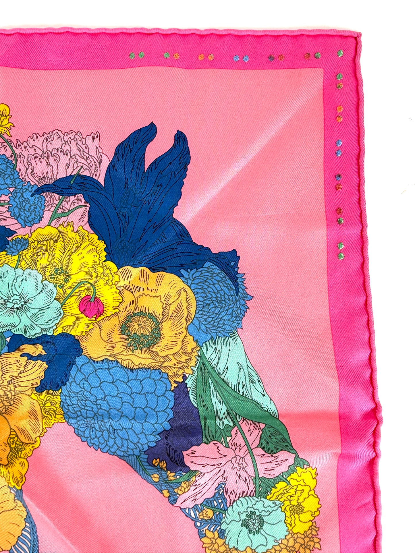 HERMES Robe Legere Embroidered Pink Blue Yellow Silk Square Scarf 45