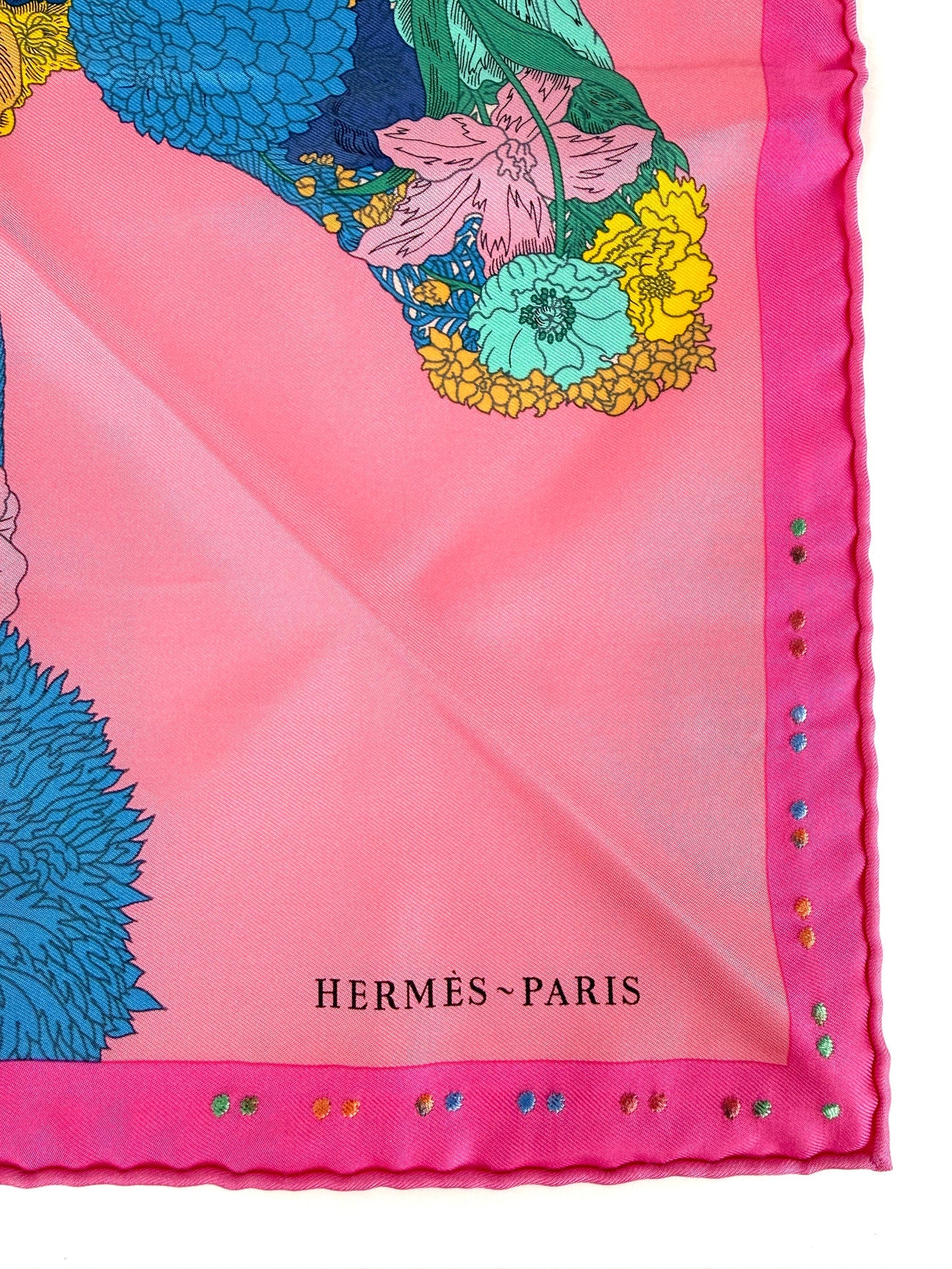 HERMES Robe Legere Embroidered Pink Blue Yellow Silk Square Scarf 45