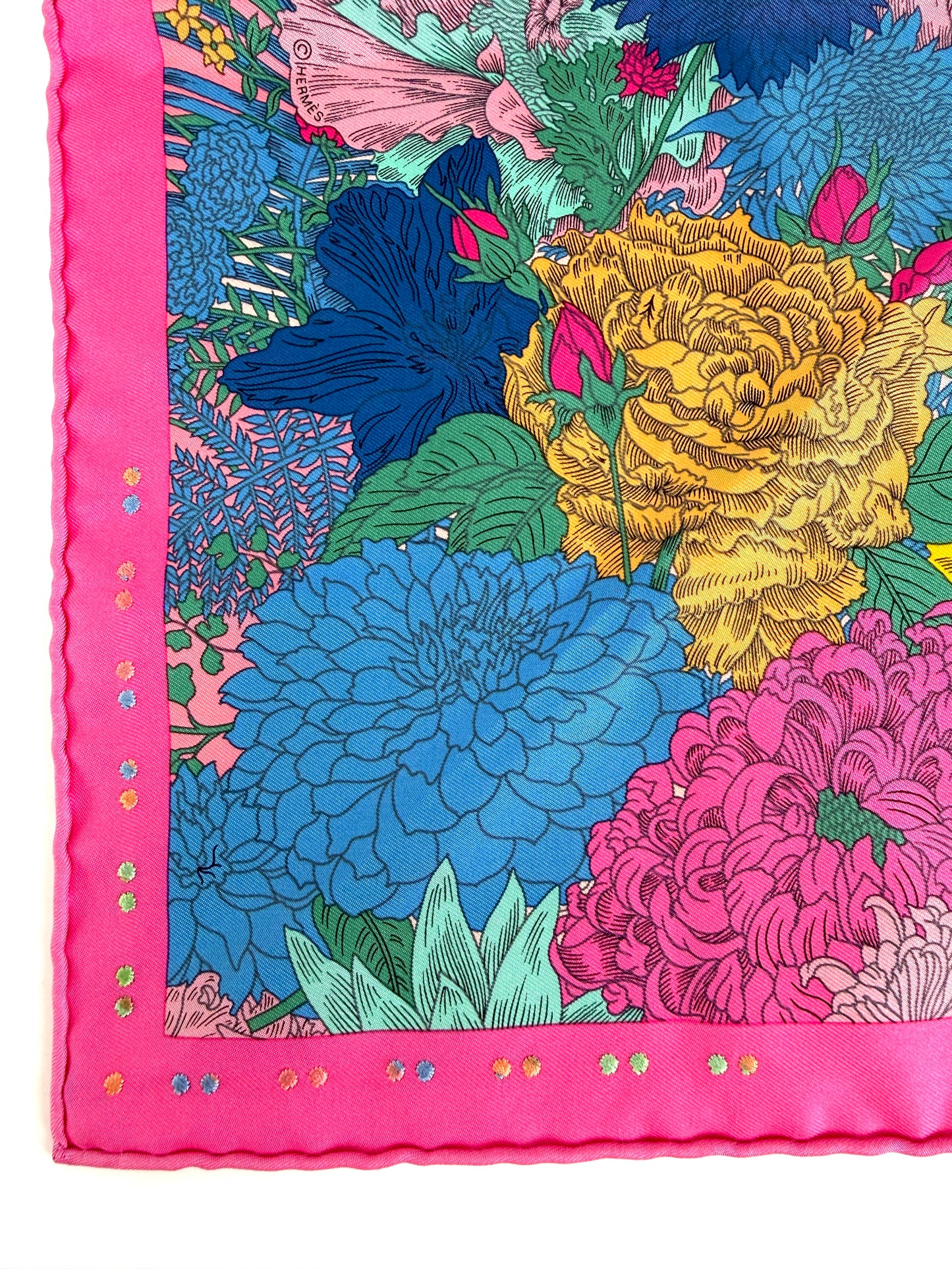 HERMES Robe Legere Embroidered Pink Blue Yellow Silk Square Scarf 45