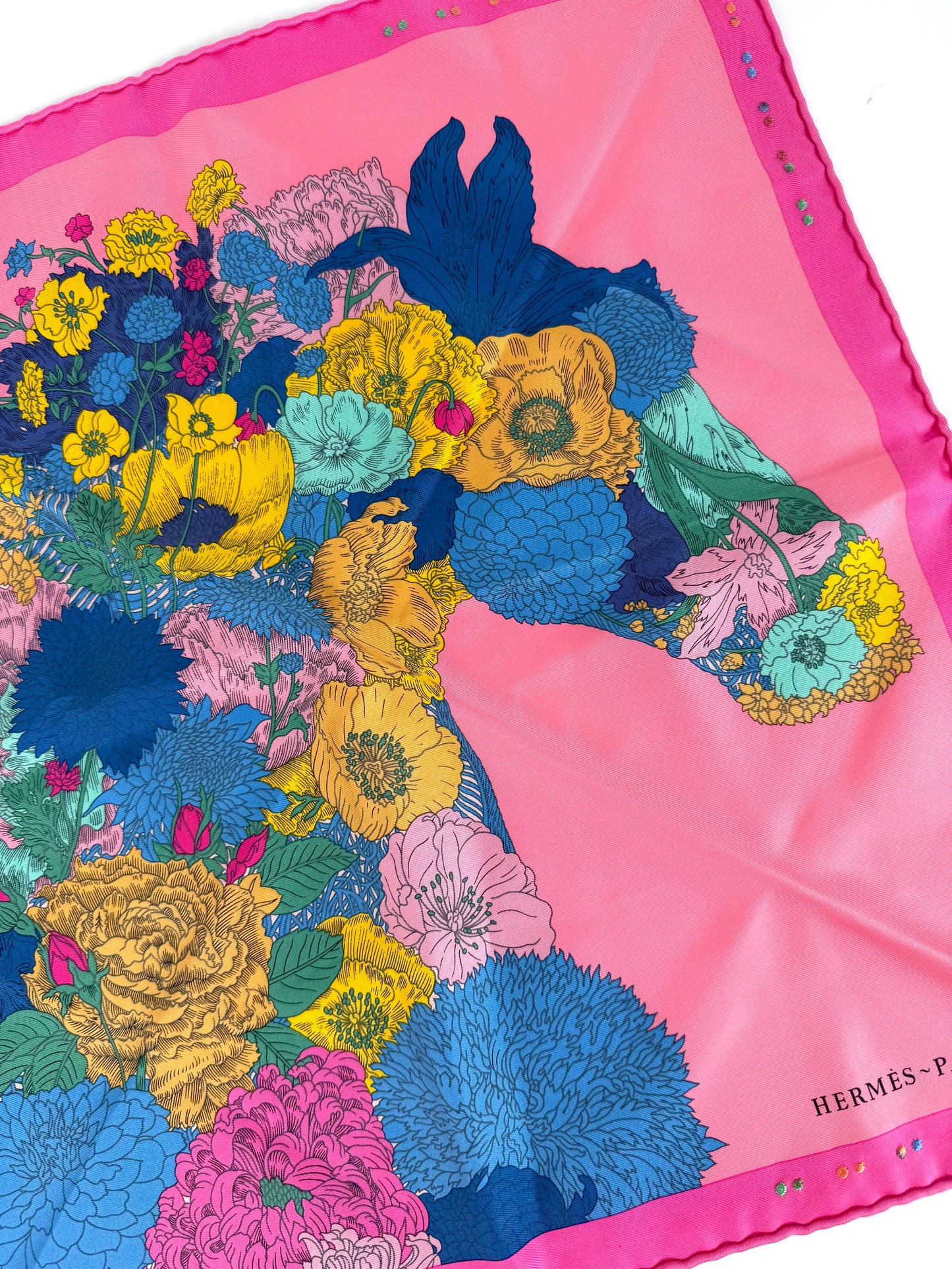 HERMES Robe Legere Embroidered Pink Blue Yellow Silk Square Scarf 45