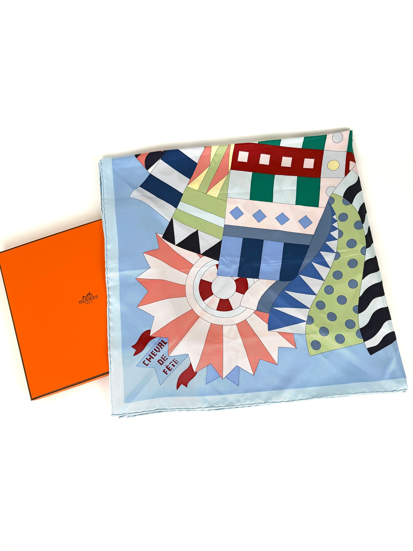 HERMES Cheval de Fete Horse Blue Green Rouge H Silk Square Scarf 90