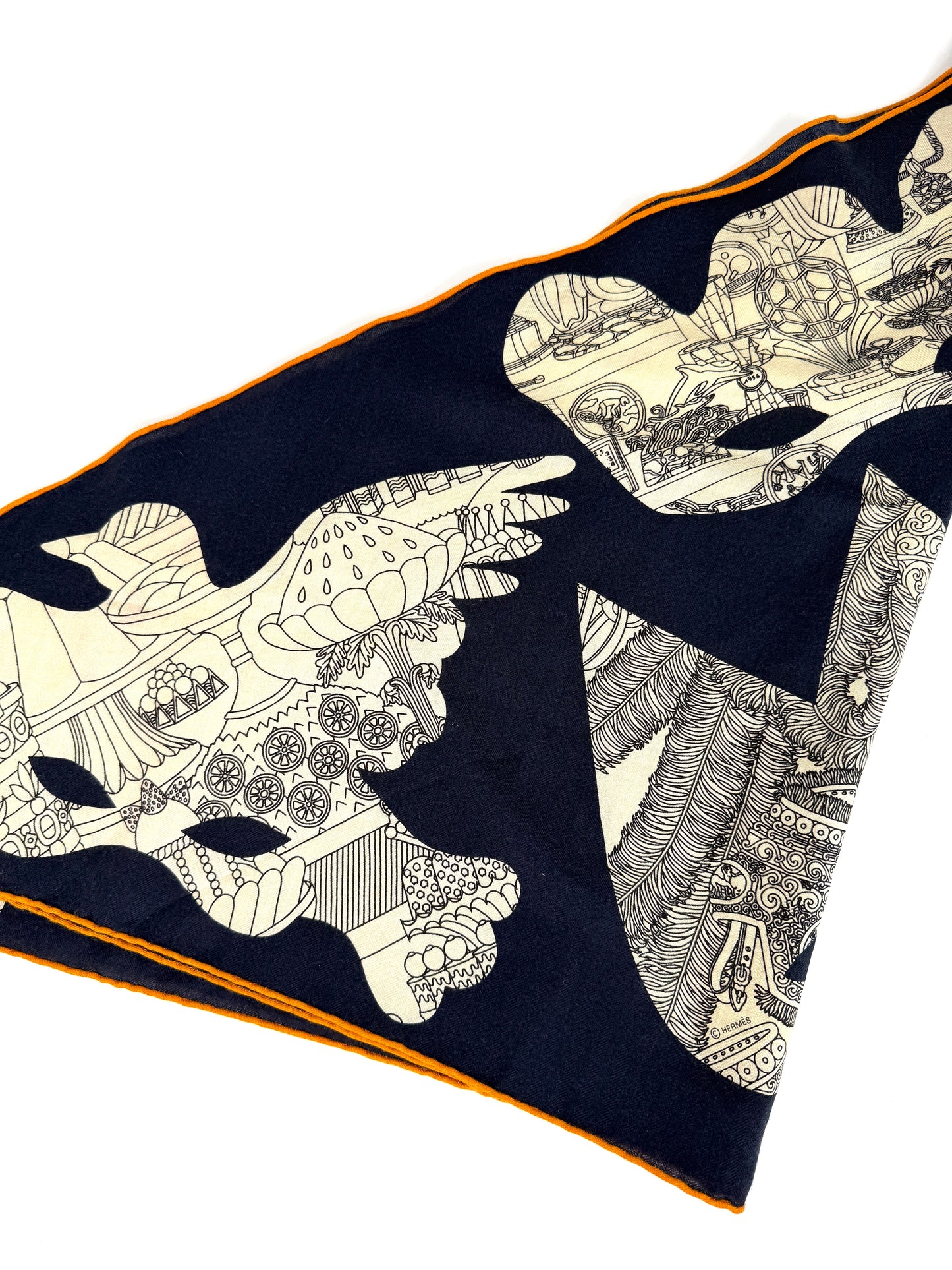 HERMES Bal de Soie Mask Navy Natural Triangle Cashmere Silk Scarf
