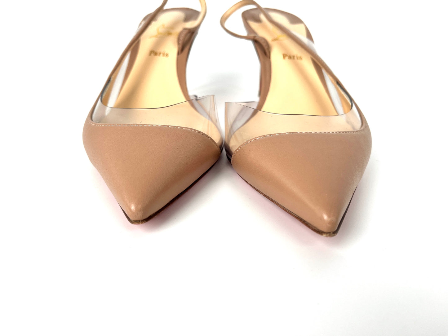 Christian Louboutin Posticha Nude Leather PVC Pointed Toe Slingback Pumps Heels 38, 7.5