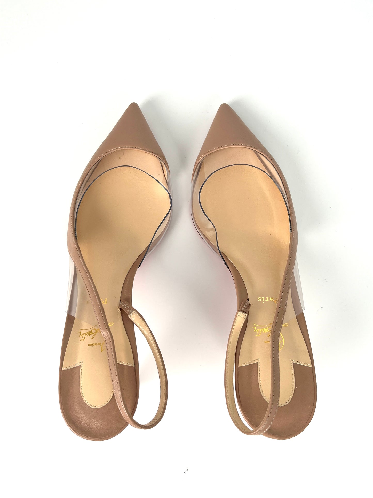 Christian Louboutin Posticha Nude Leather PVC Pointed Toe Slingback Pumps Heels 38, 7.5