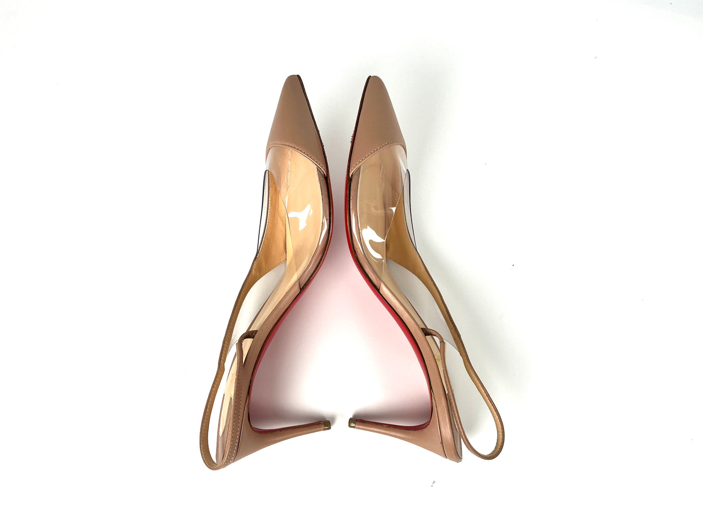 Christian Louboutin Posticha Nude Leather PVC Pointed Toe Slingback Pumps Heels 38, 7.5