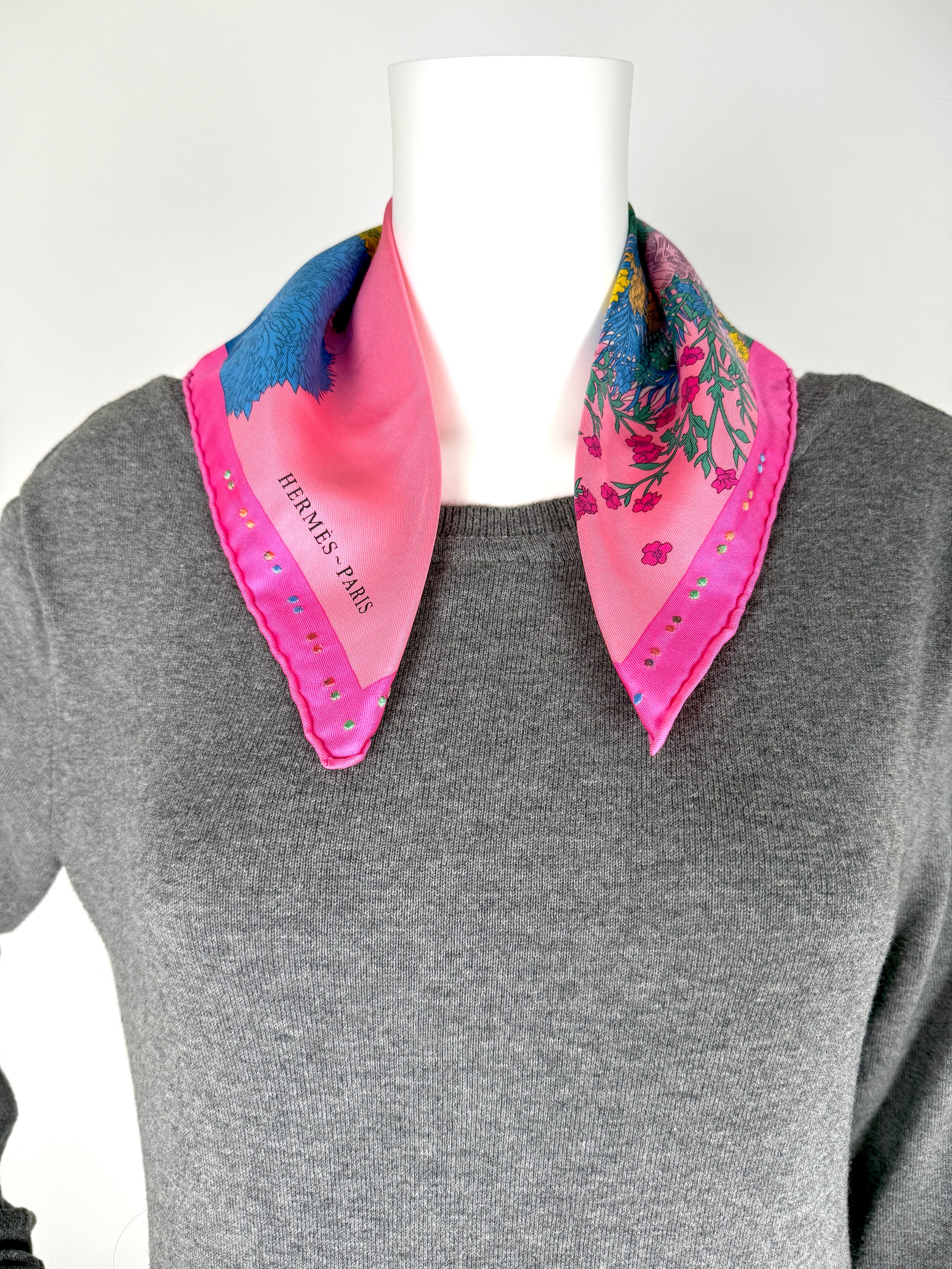 HERMES Robe Legere Embroidered Pink Blue Yellow Silk Square Scarf 45