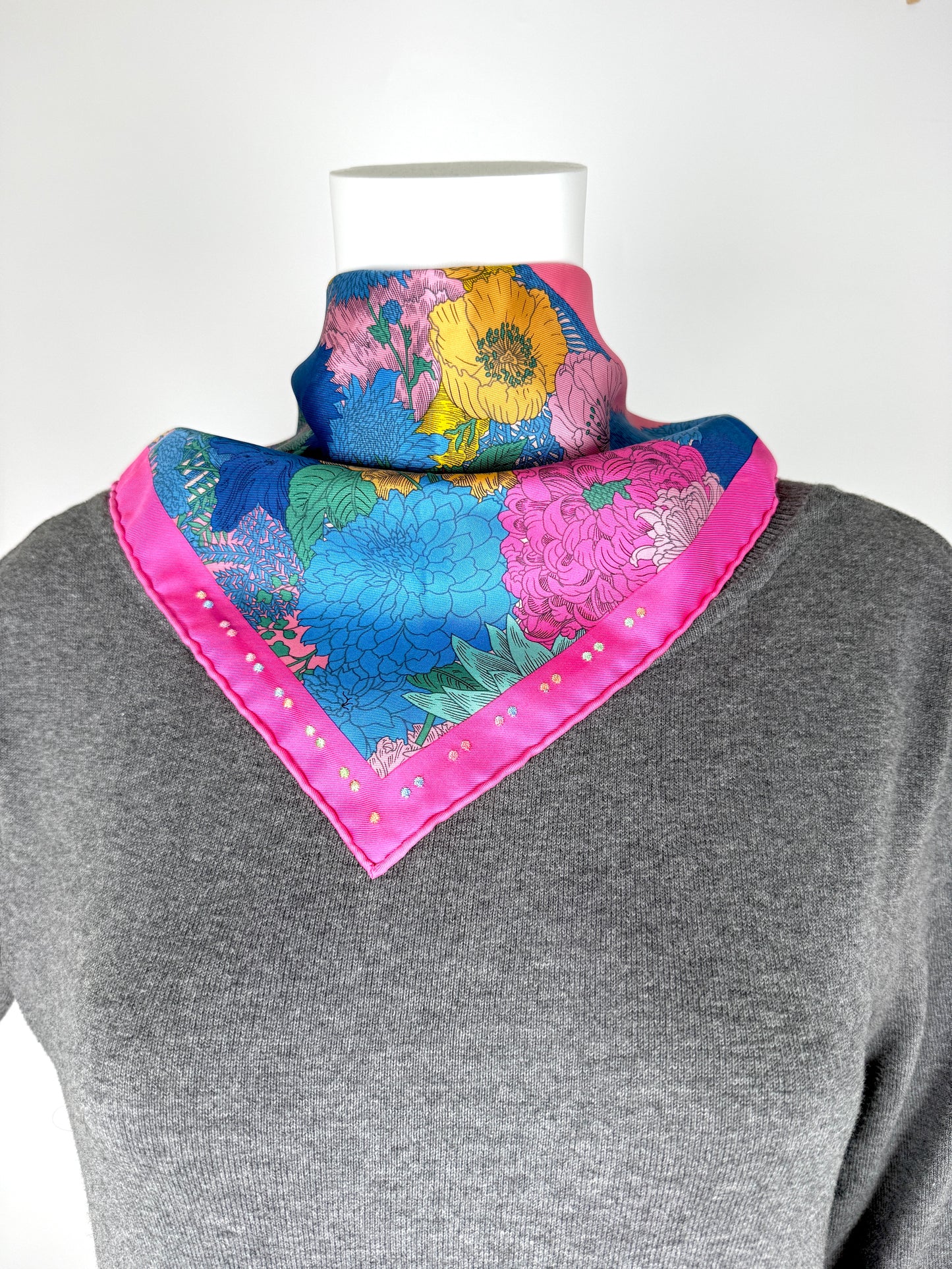 HERMES Robe Legere Embroidered Pink Blue Yellow Silk Square Scarf 45