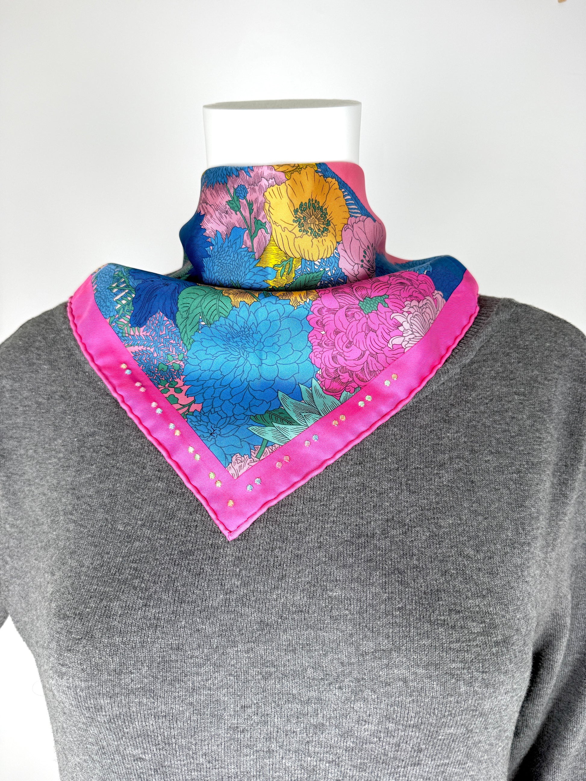 HERMES Robe Legere Embroidered Pink Blue Yellow Silk Square Scarf 45