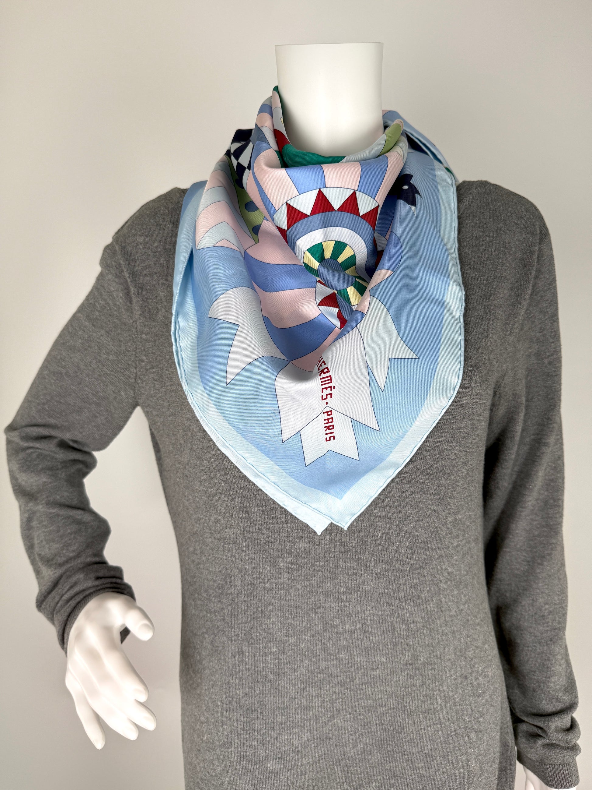 HERMES Cheval de Fete Horse Blue Green Rouge H Silk Square Scarf 90