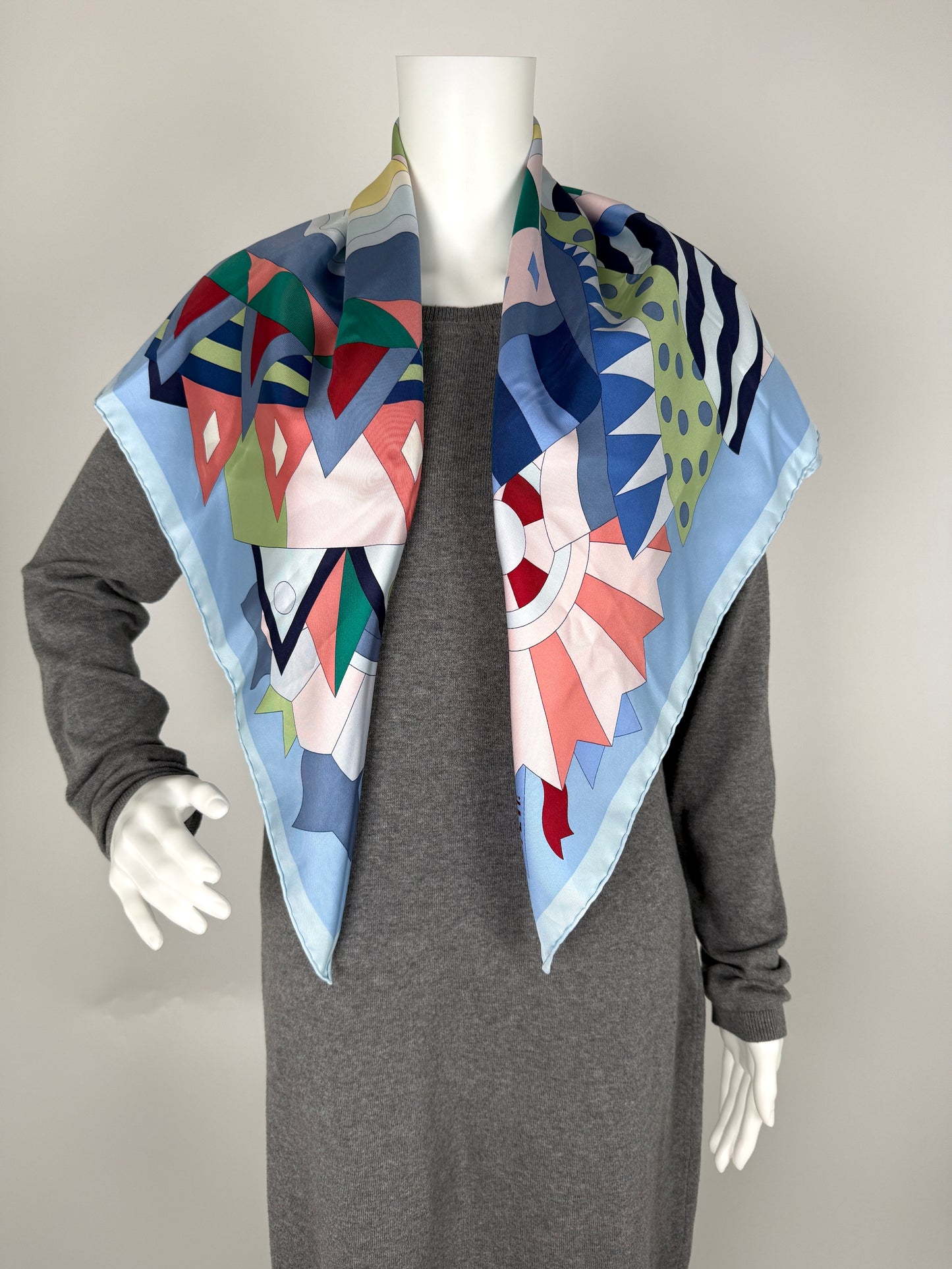 HERMES Cheval de Fete Horse Blue Green Rouge H Silk Square Scarf 90